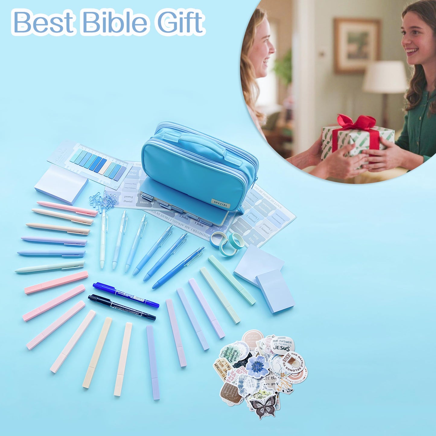 J6&H6 170Pcs Complete Bible Study Supplies Journaling Kit with Tabs, Highlighters and Color Pens, Notebook,Stickers & More Bible Accessories Set for Women, Beginner Christian Gifts(Blue)