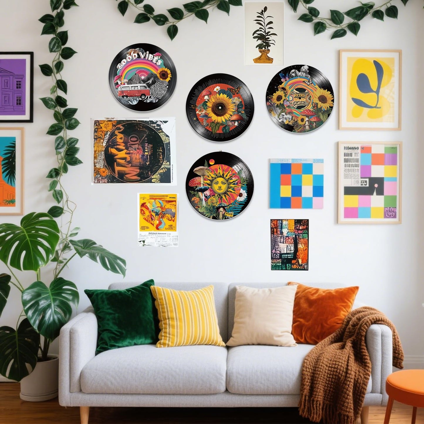 DOODLREAM 4PCS Collage Sunflower Vinyl Record Wall Decor 12" Hippy Mushroom Plant Wall Art Posters for Room Aesthetic, Sun Retro Record Decorations for Music Party Studio Living Room DIY Craft Project