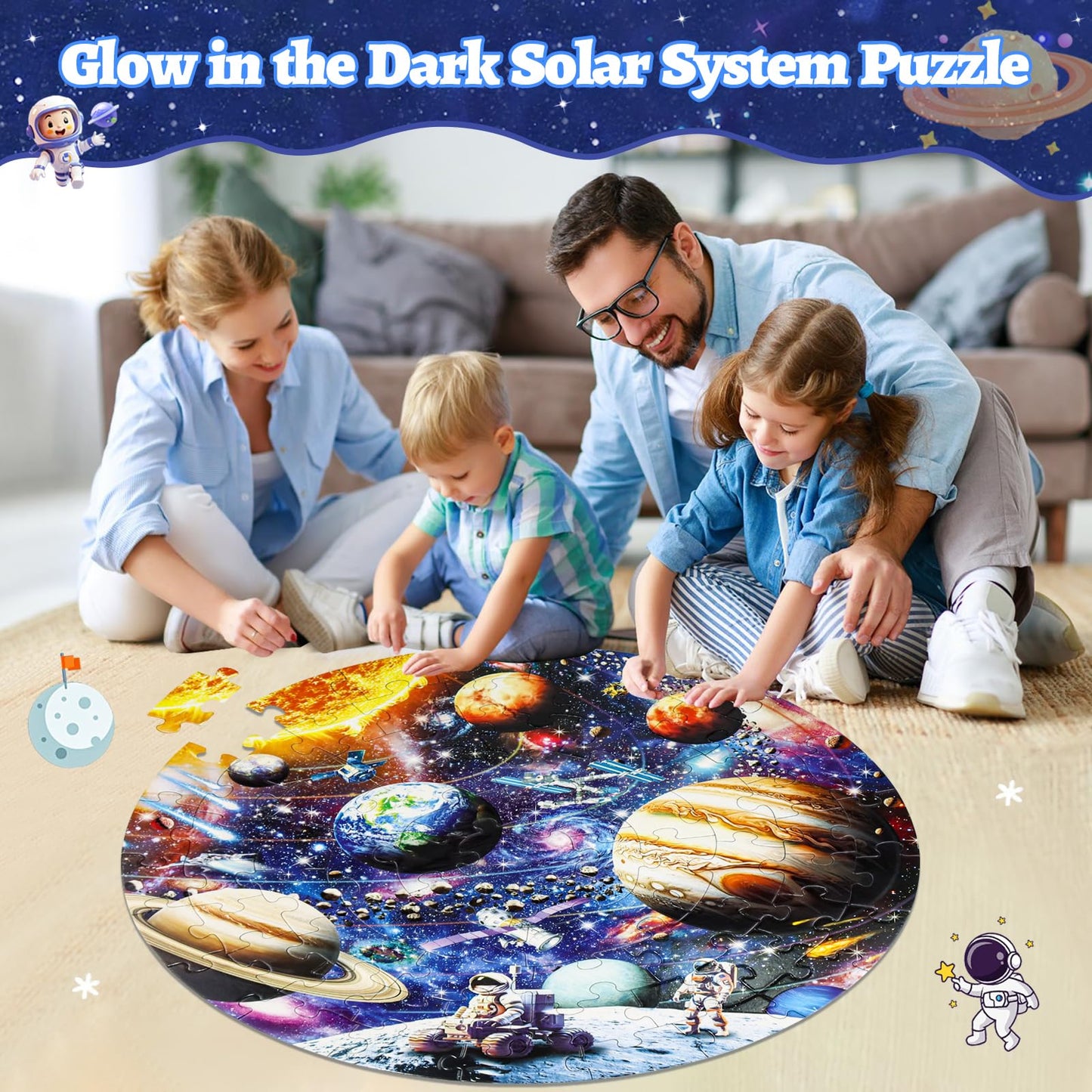 Glow in The Dark Solar System Jigsaw Puzzles for Kids Ages 4-8, 70 Pieces Kids Space Planet Floor Puzzle Toys Ages 8-10, Large Round Educational Puzzle Toys Easter Gifts for Kids Boys Girls