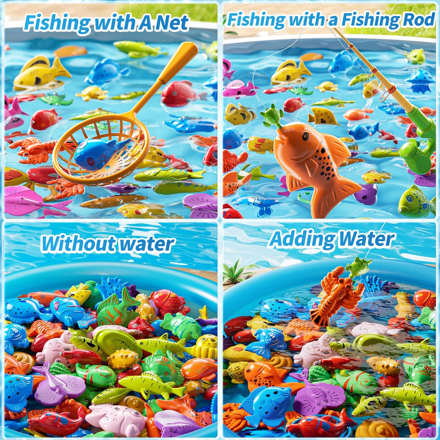 PEADUCK Magnetic Fishing Game Pool Toys for Toddlers 3-5, Water Table Bathtub Toys with Inflatable Pool Pole Rod Net Plastic Floating Fish, Outdoor Toys for Kids Boys Girls Age 3 4 5 6 7 8 Year Old