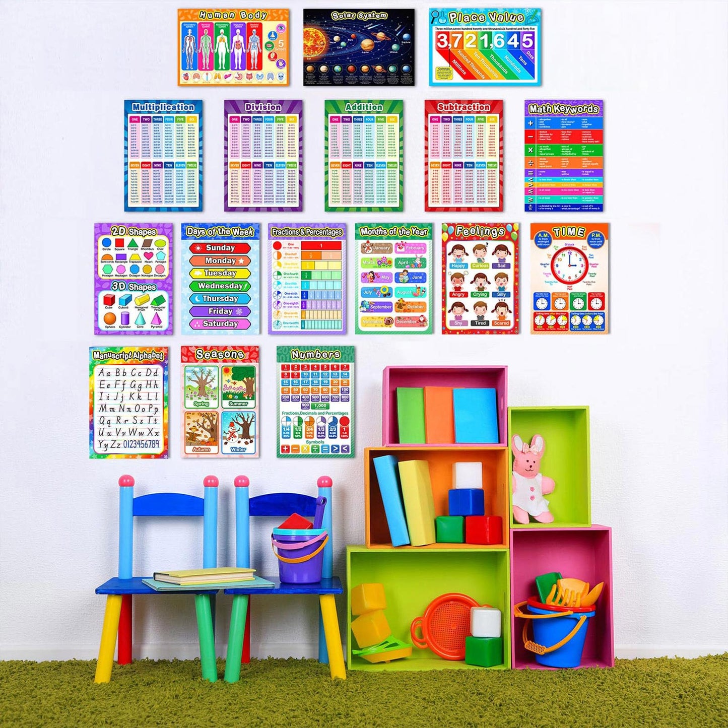 Outus 19 Pcs Educational Math Posters for Multiplication Table Charts Division Addition Subtraction Fractions Posters for Elementary (Mixed Style, 19 Pieces)