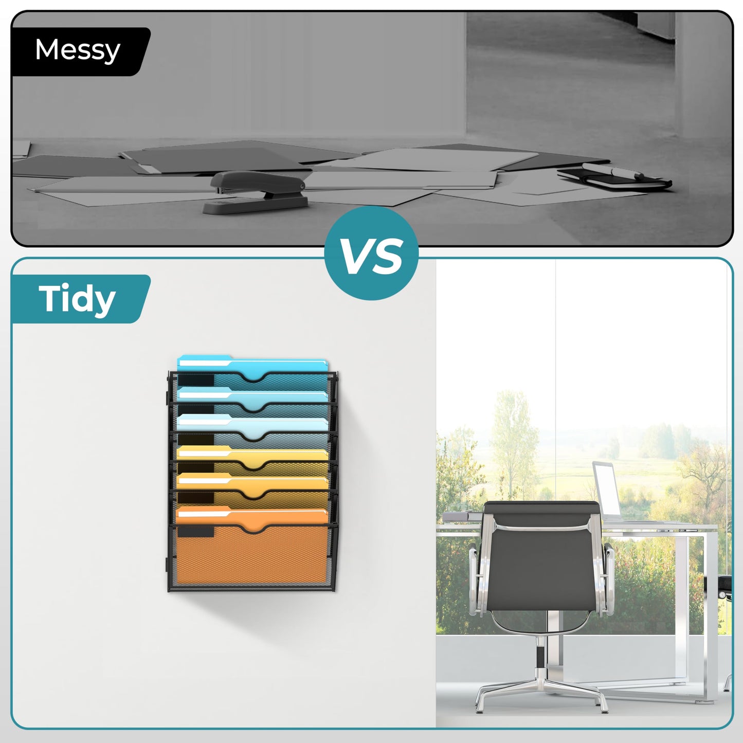 SUPEASY 6 Tier Wall File Organizer, Hanging Wall Mounted Mail Organizer with Label Slots, Metal Mesh File Holder Magazine Rack for Office, Home, School or Classroom, Black