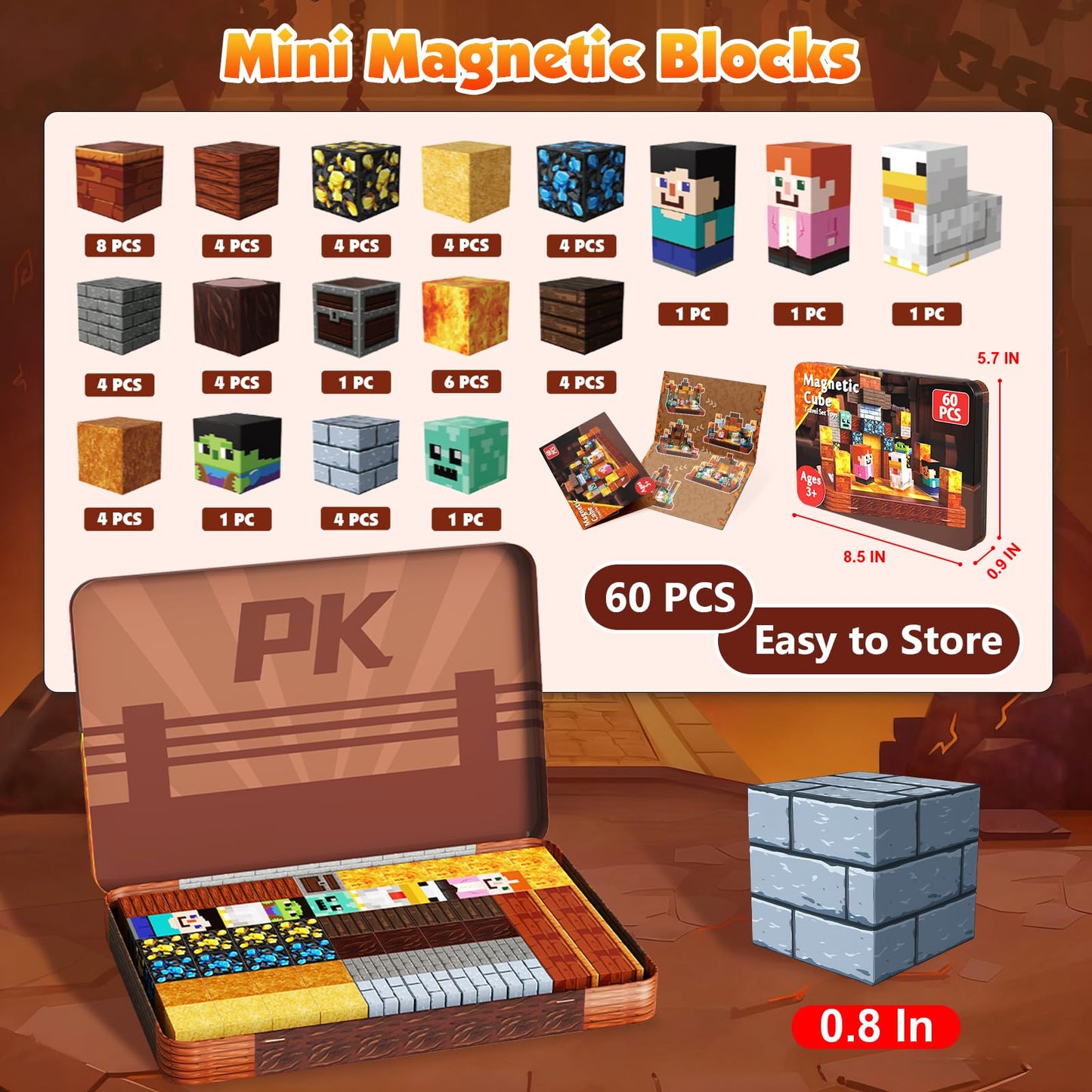 60 PCS Magnetic Blocks with Metal Box, 0.8in Mini Magnetic Building Cubes STEM Toys for Kids Ages 3+, Battle Stage Building Set, Educational Travel Toy for Boys and Girls, Christmas Birthday Gifts