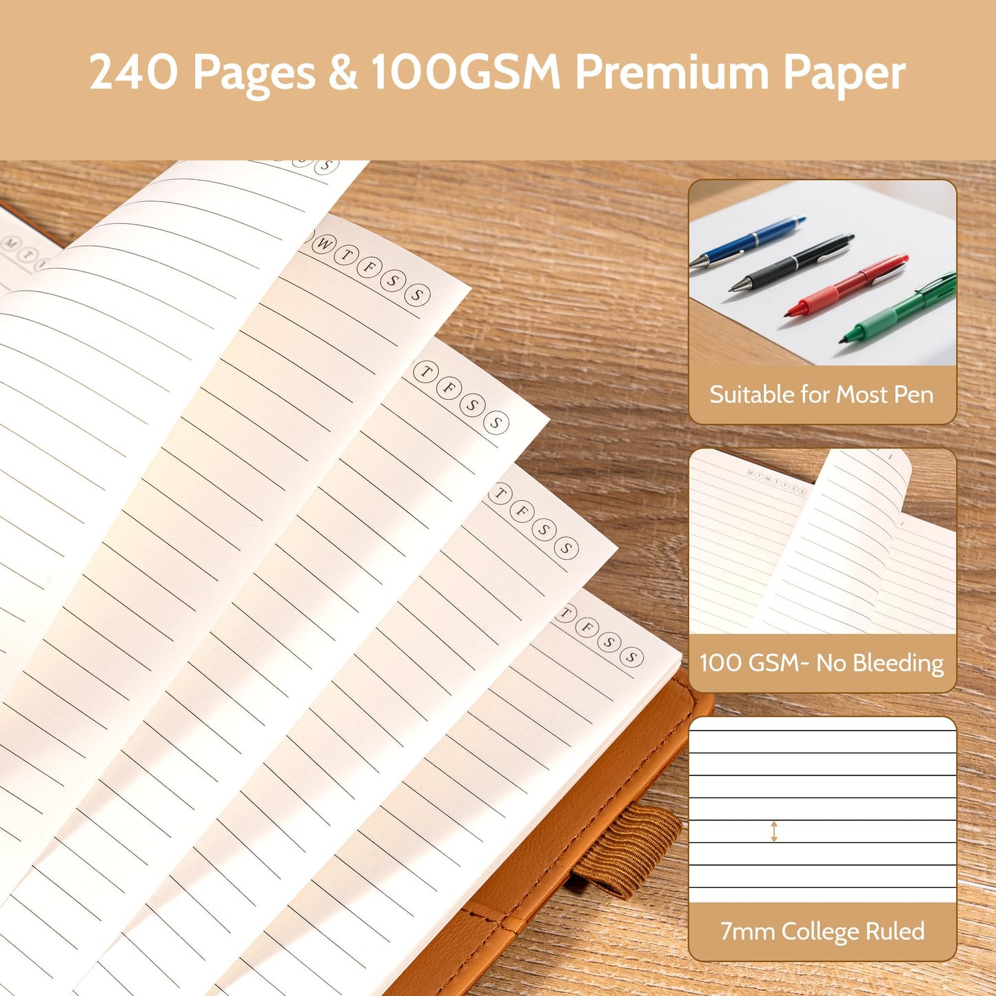 Yoment Refillable Notebooks for Work Discbound: Hardcover Notebook with 5 Subject Removable Dividers Tabs Colleged Ruled Large Journal for Writing Women Men 240 Pages,Brown