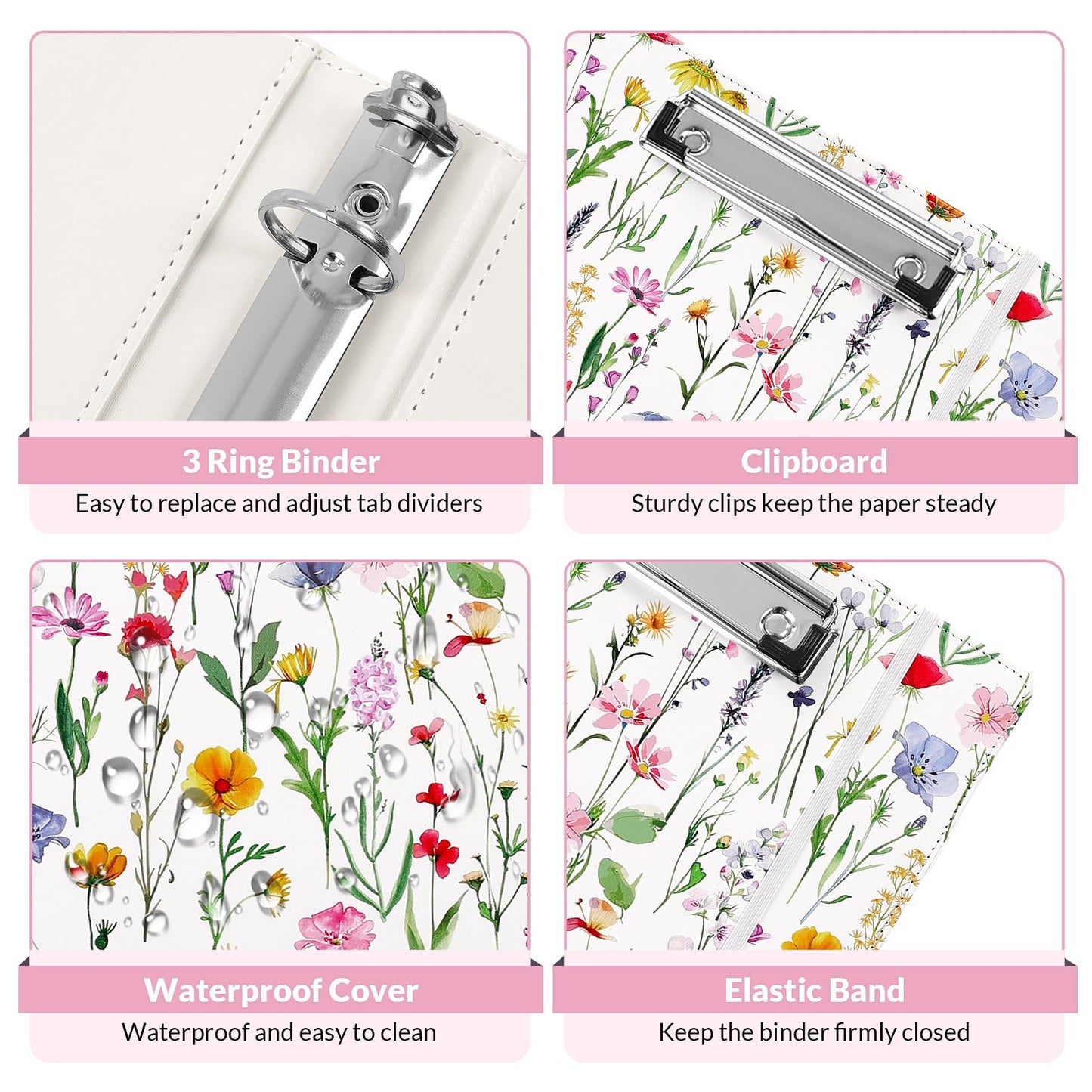 SKYDUE 1 Inch 3-Ring Binder with Clipboard, PU Binder with 5 Dividers, Notepad, Stickers & Pockets for Work and School - Aesthetic Binder (Letter Size)