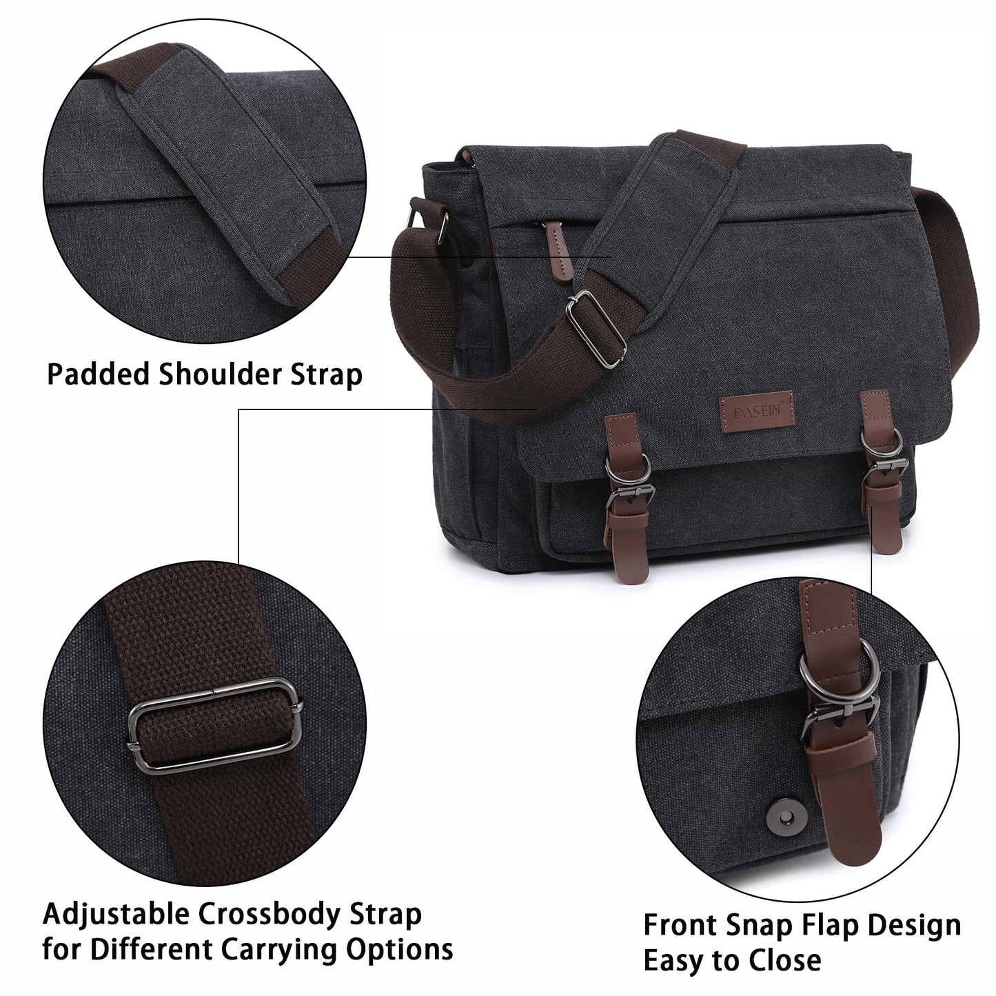 Dasein Large Vintage Canvas Messenger Shoulder Bag, Black, 15in Laptop
