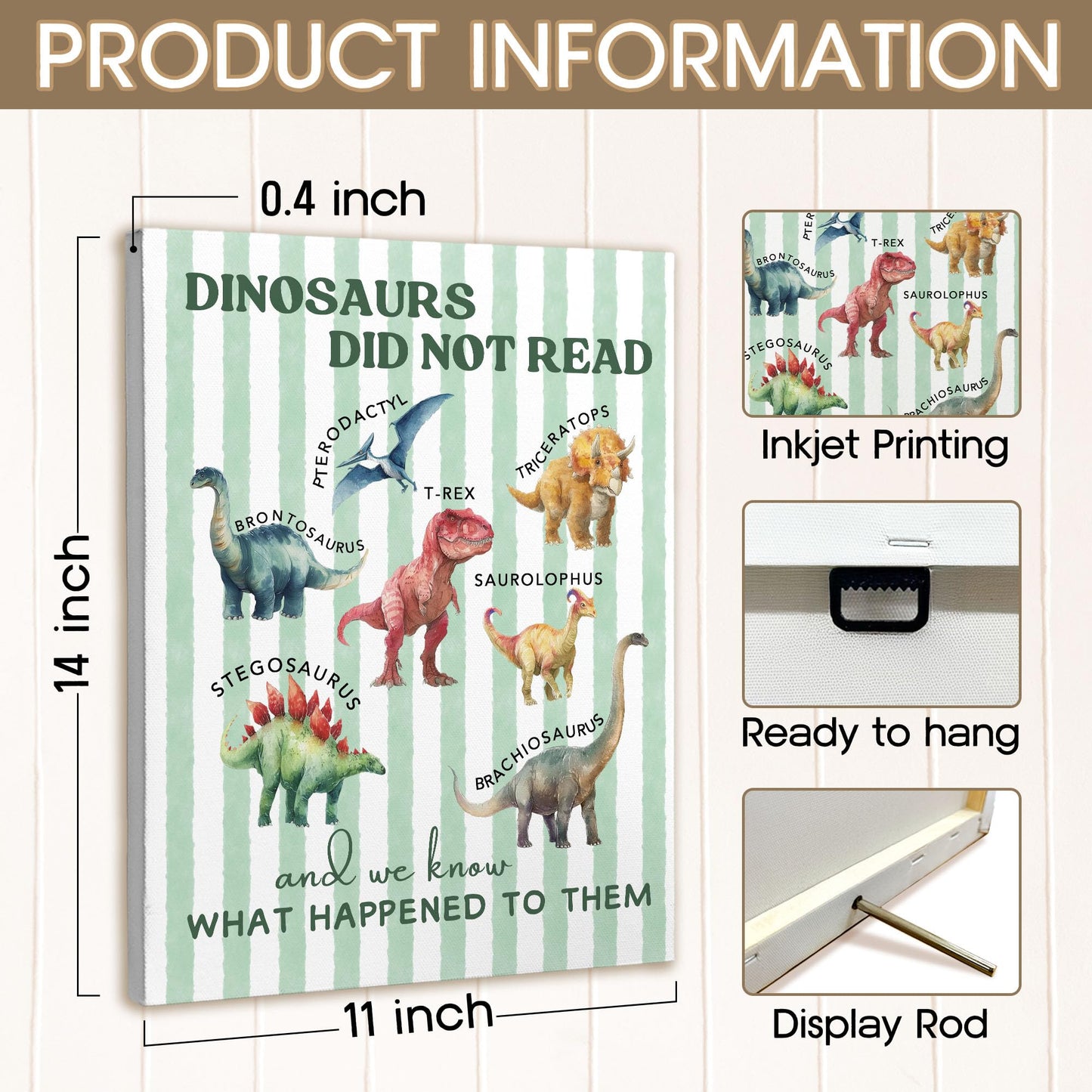 XINCEYWJ Dinosaur Room Wall Decor, Dinosaur Reading Canvas Art Prints Framed, Toddler Boy Room Decor, Dino Artwork Green Dinosaurs Wall Art for Kids Toddler Boy Room Nursery Room, 11x14 In