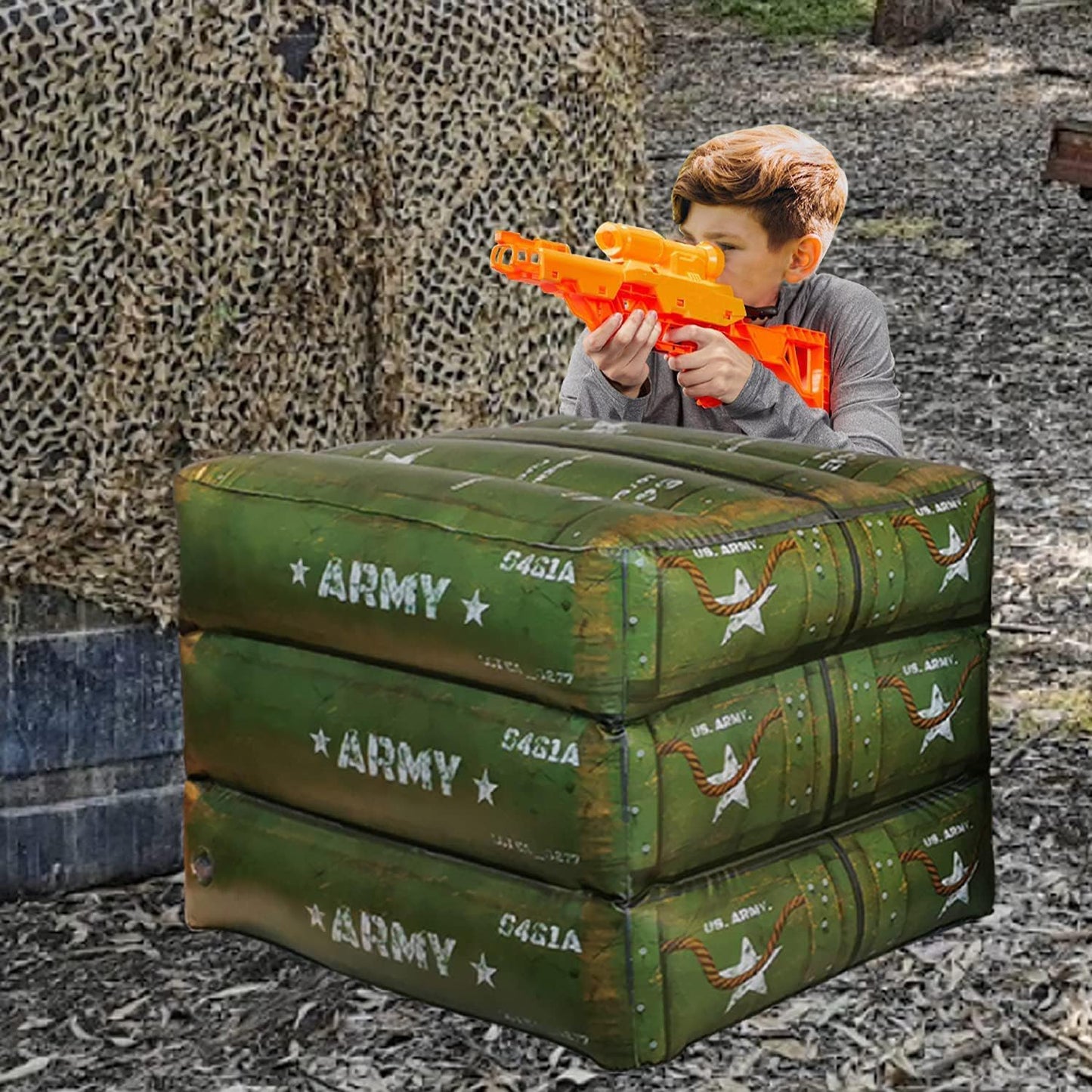 12-Piece Inflatable Combat Battlefield Set — Includes 6 Barrels, 3 Army Boxes, 3 Sandbag Barricades for Laser Tag, Water Gun, Dart Blaster, and Action-Themed Parties
