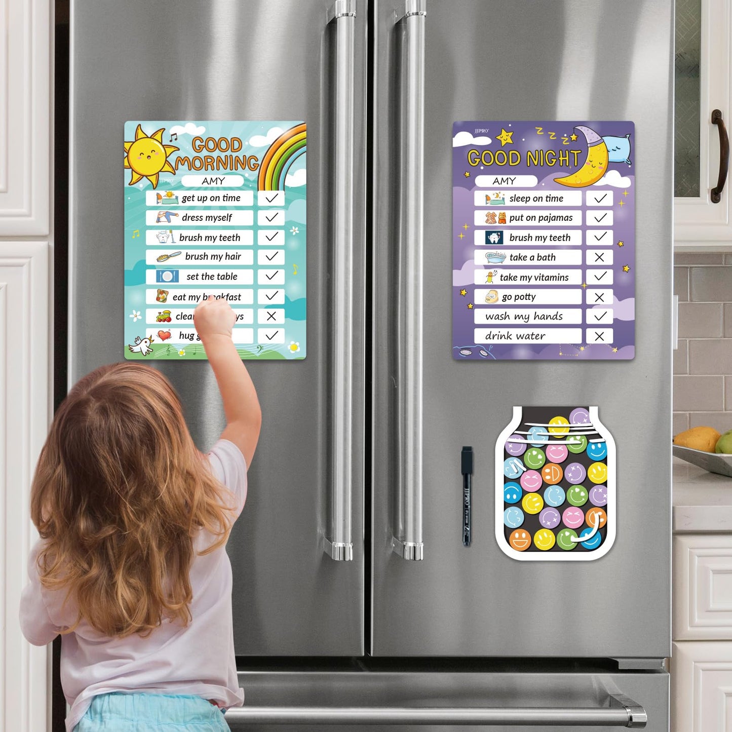 Magnetic Bedtime/Morning Routine Chart &Reward Jar for Kids -Toddler Morning Checklist Board,Daily Reward Routine Chart for Kids,Dry Erase Bedtime Reward Chart,Daily Schedule Chart at Home