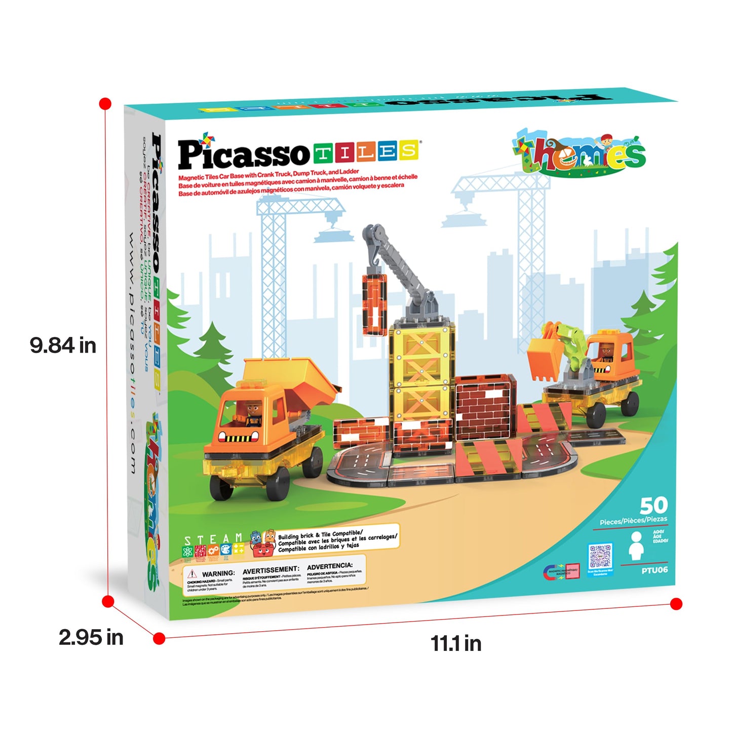 PicassoTiles Magnet Tile Construction Themed Building Blocks 5-in-1 Crane, Ladder, Dump Truck, Excavator, and Backhoe Action Figures, 2 Car Base Vehicles Magnetic Tiles Learning Toys Kids Ages3+ PTU06