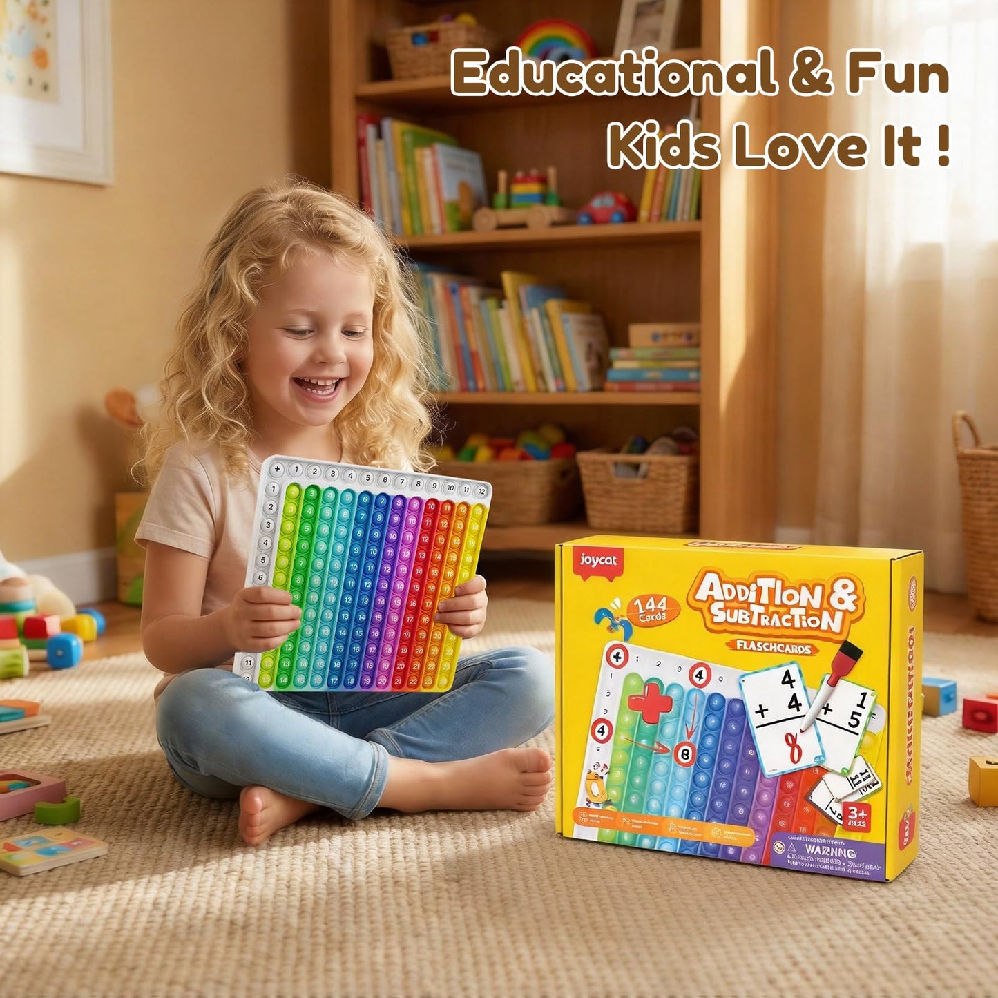 JoyCat Addition and Subtraction Flash Cards with Pop Math Board, 144 Math Flashcards for Kids Ages 4-8, Homeschool Kindergarten 1st 2nd Grade Math Manipulatives with Workbook, Markers, Rings & Bag