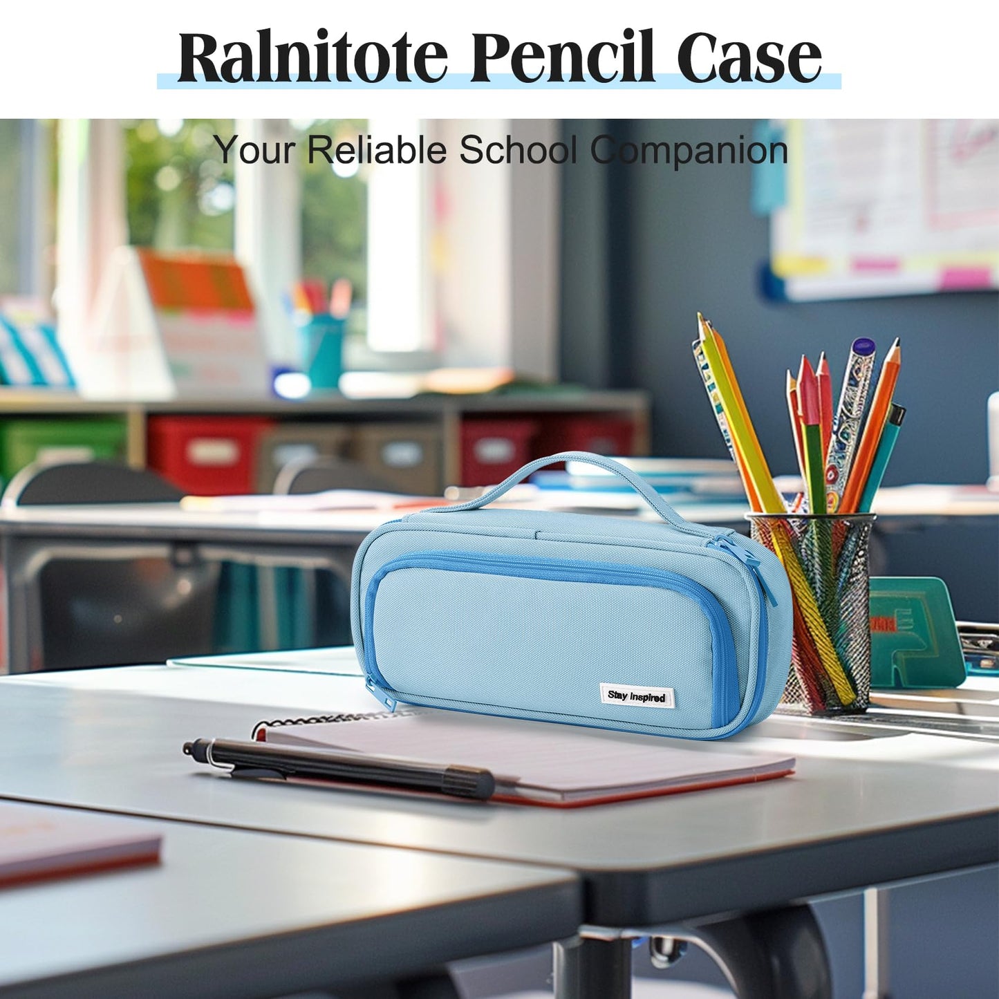 Ralnitote Large Pencil Case for Girls and Boys, Aesthetic Pencil Case Organizer with Handle, Cute Pencil Pouch for School & Office Supplies-Blue
