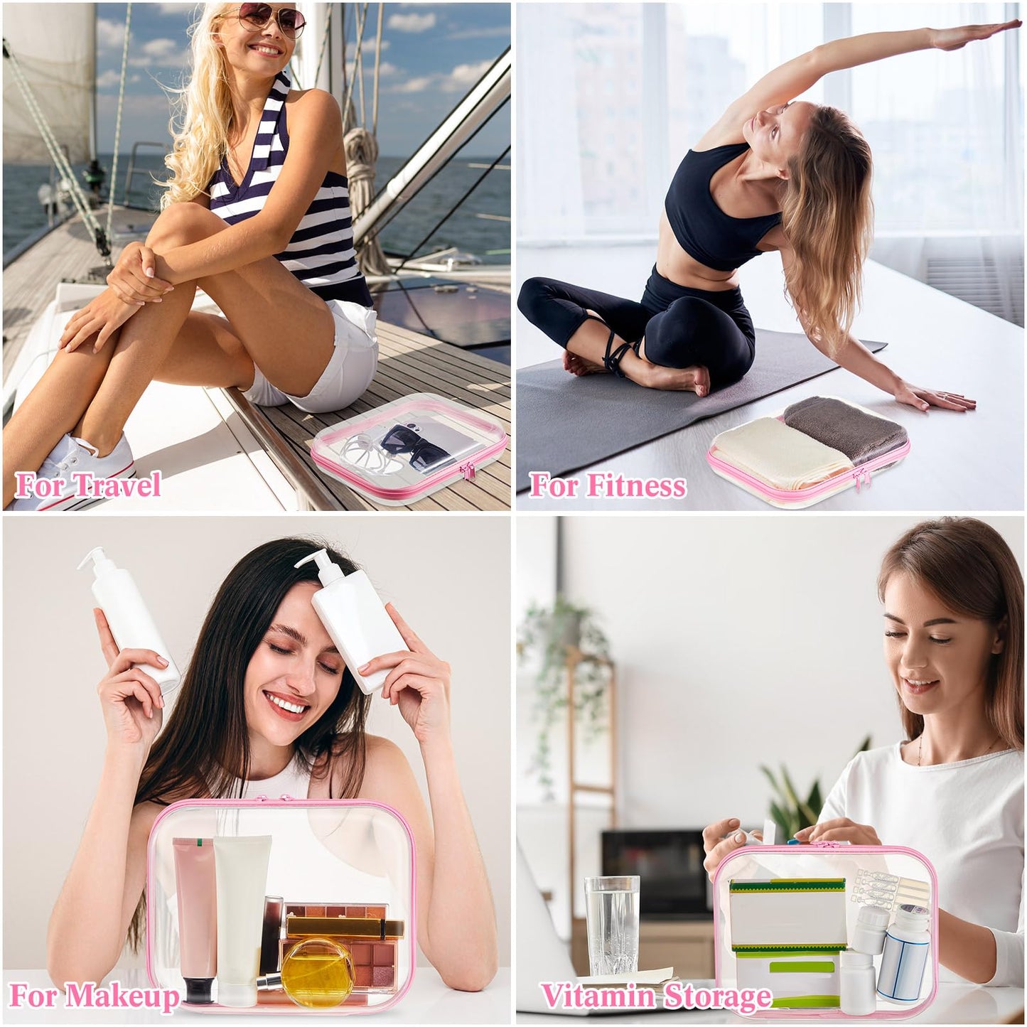 Hoolerry 3 Pcs Clear Hard Zipper Case Hard Plastic Zipper Pouch Makeup Bag Portable Travel Organizer for Cosmetics, Office Supplies, Documents & Toiletries(Pink,M)