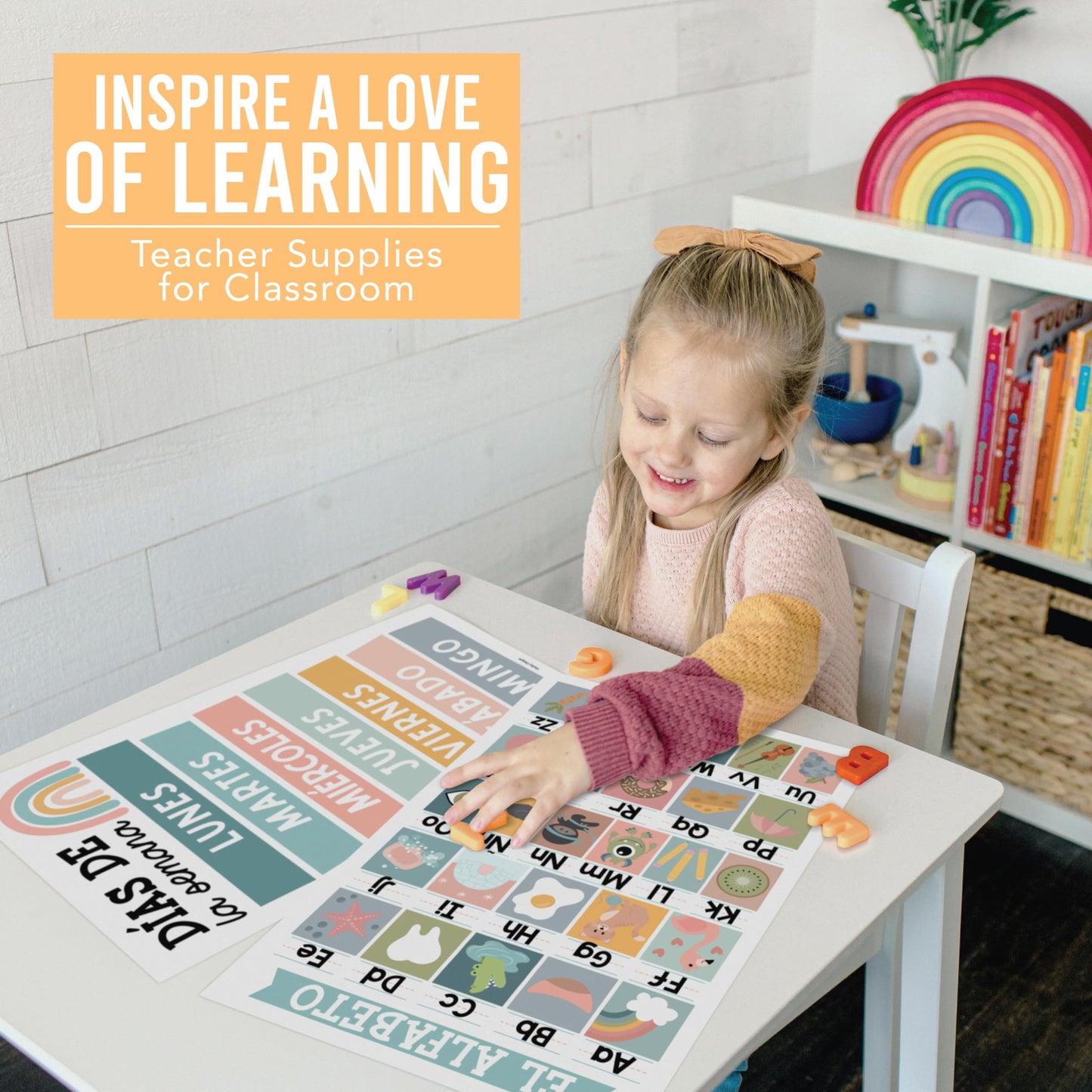 Hadley Designs Spanish Posters for Classroom - 12 Bilingual Educational Posters for Spanish Classroom Decorations Must Haves, Calendario y Alfabeto en Español Para la Pared, Boho Teacher Supplies