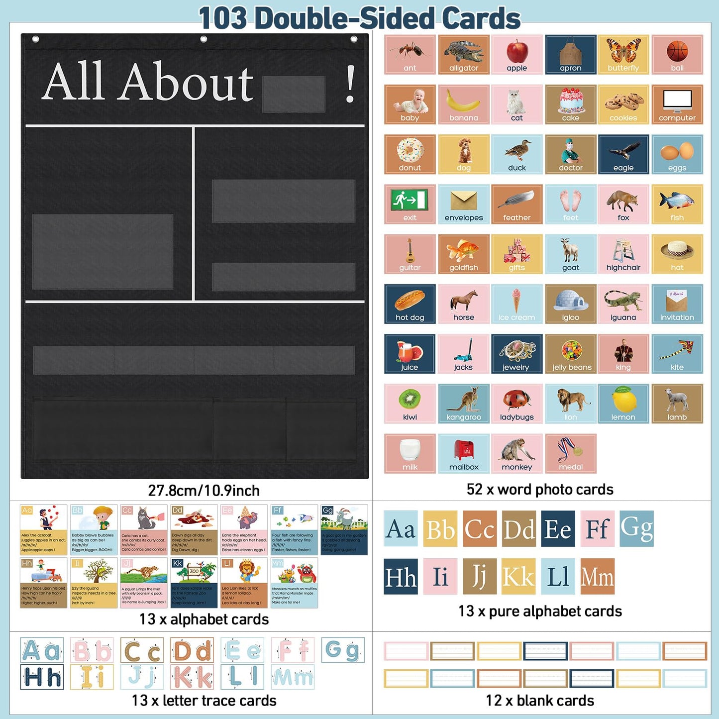 Blosssound 34 x 27 All About Letter Pocket Chart 103 ABC Flash Cards Letter of The Day Week Chart Alphabet Tracing Educational Wall Poster Teachers Homeschool Learning Activities(Black)