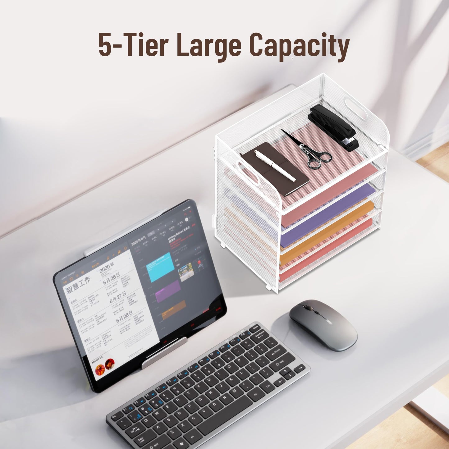 2 Pack 5-Tier White Desk Organizer with Handle Mesh Desk File/Paper Organizer Letter Tray for Office, School and Home Easy Installation