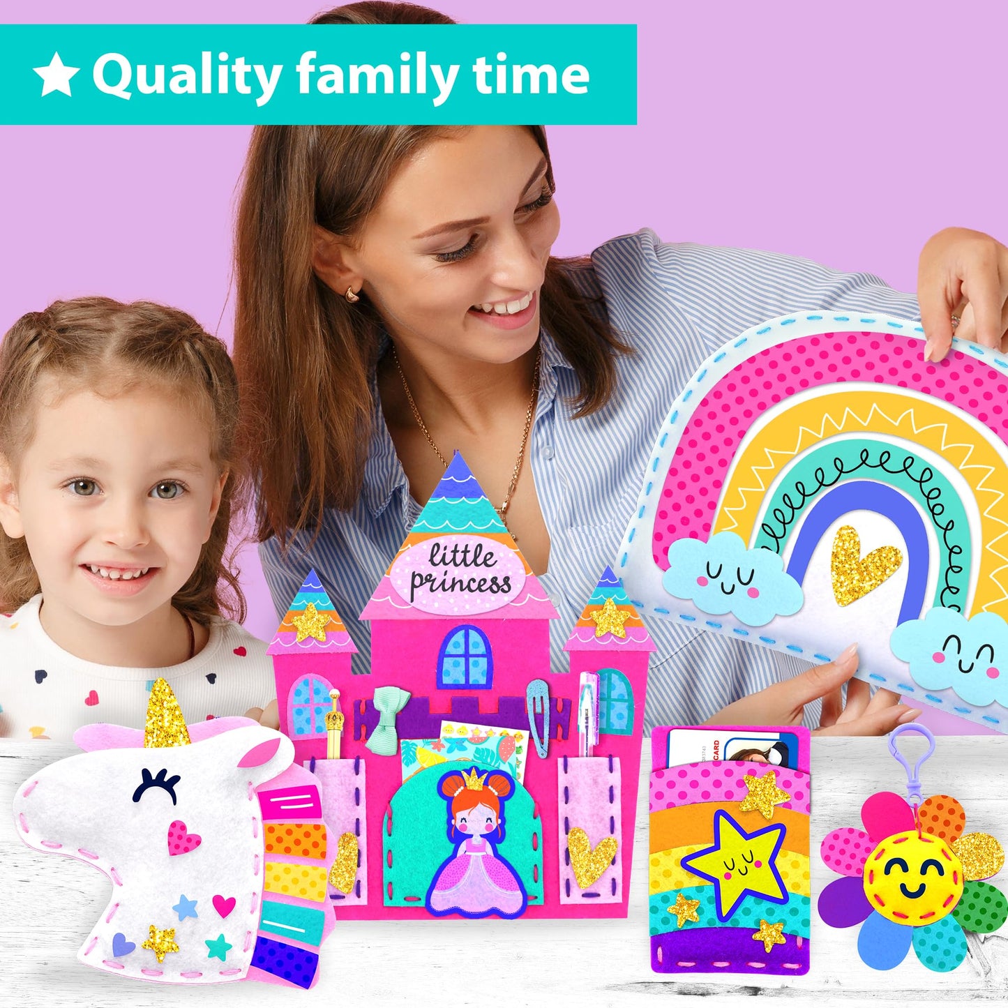 KRAFUN My First Sewing Kit for Kids Ages 5-8 - Princess & Unicorn Crafts for Girls - Make 7 DIY Felt Plush Toys with Pre-Punched Holes & Safe Plastic Needles - Educational Beginner Craft Set