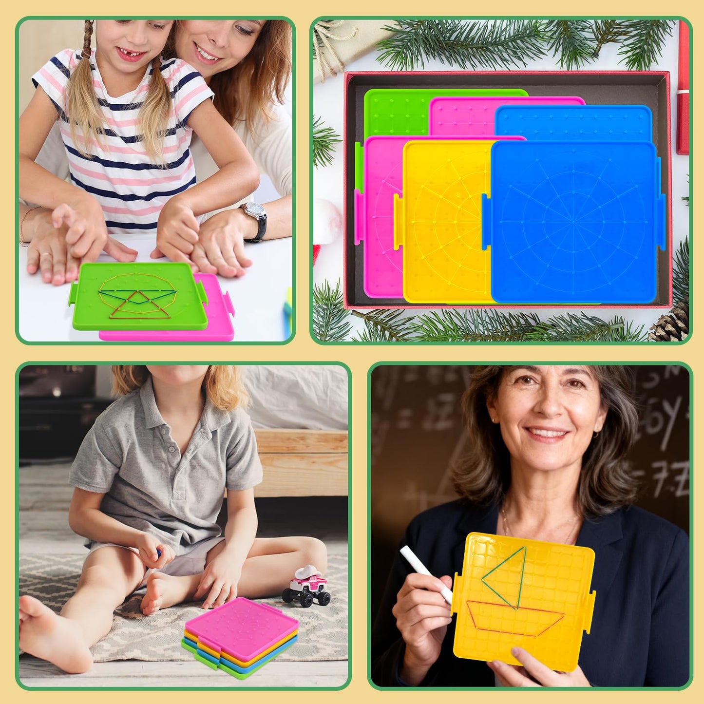 Oopsu 8 Pack Plastic Mathematical Manipulative Material Array Block Geo Board with 80 Latex Bands for Kids(4 Colors)