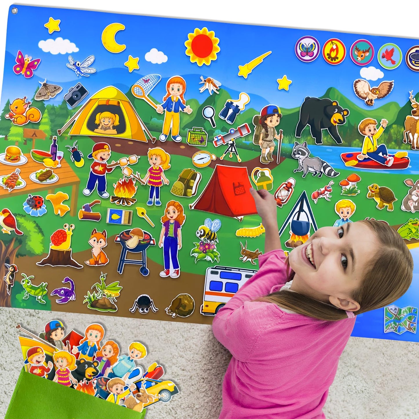 PENGFULL Camping Theme Felt Story Board Set,44 * 28in Flannel Board for Wall,65 Felt Pieces,Theme Story Preschool Storytelling,Learning Interactive,for 3 Years +,Gift for Toddlers Kids Children