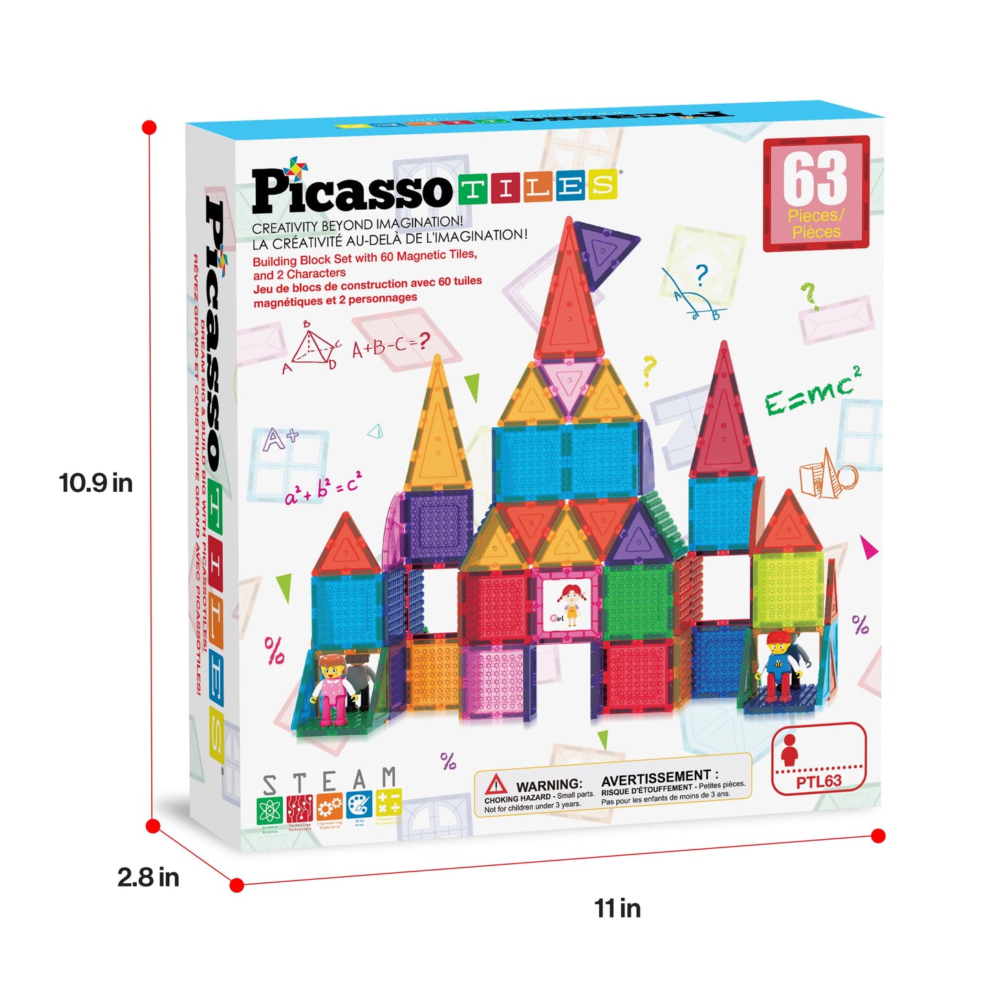 PicassoTiles 63pc Magnetic Tile Building Block Set with 2 Character Figures STEM 3D Construction Educational Toy for Kid Toddlers Boys Girls Age 3 Plus Montessori Learning Playset Creativity Kit PTL63