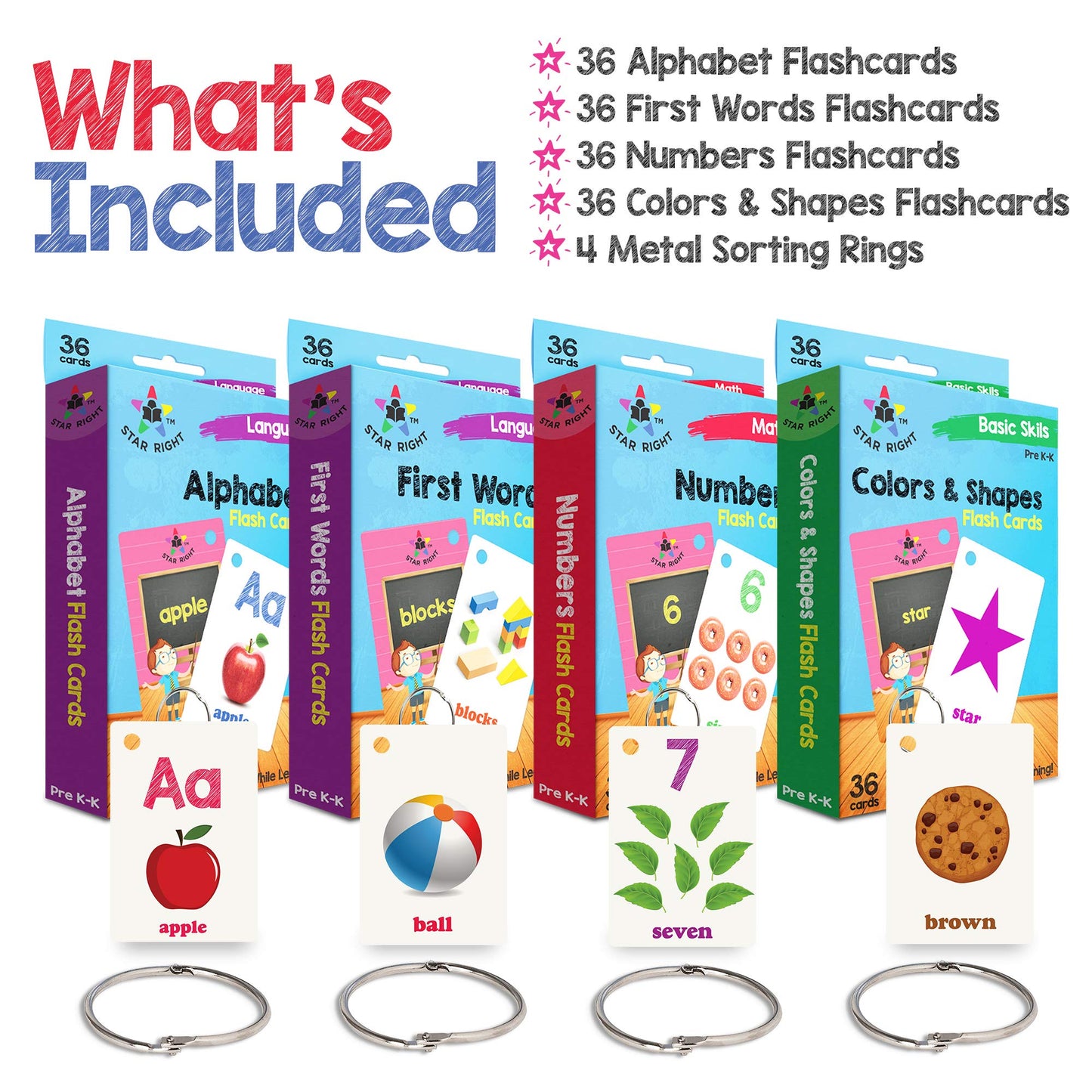 Star Right Flash Cards Set of 4 - Numbers, Alphabets, First Words, Colors & Shapes - Value Pack Flash Cards with Rings for Pre K - K