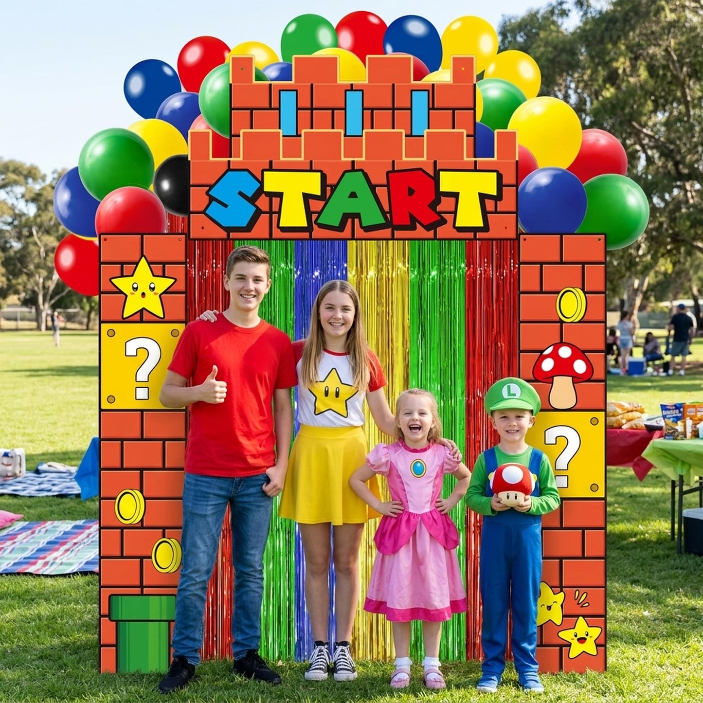 JewGewenil Super Adventure Theme Party Banners - 25Pcs Red Green Blue Yellow Foil Fringe Backdrop Curtains and Balloon Decoration Set, Magic Inspired Design for Classroom Birthday Photo Booth (Start)