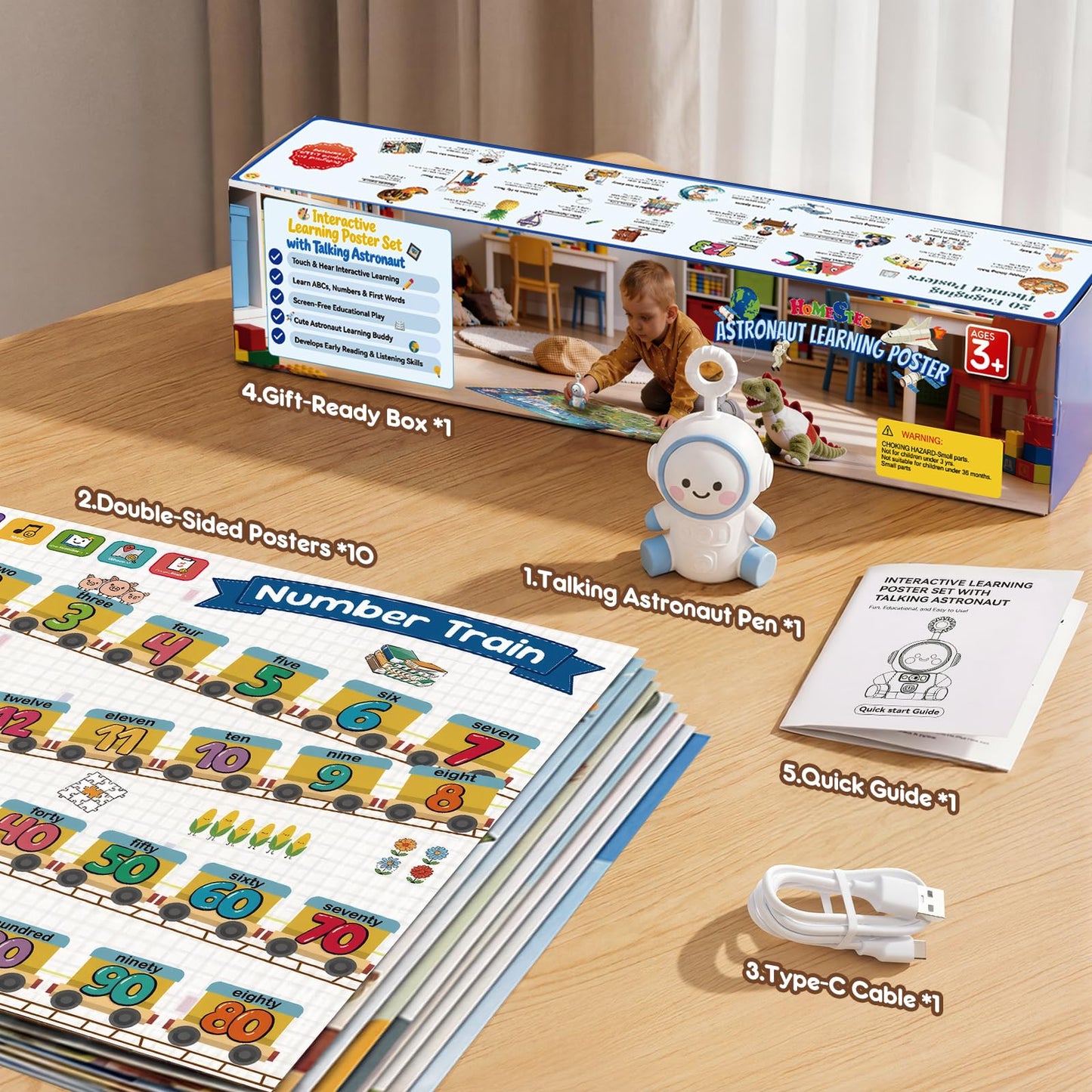 Interactive Learning Posters with Talking Astronaut Pen Tap to Learn ABCs Numbers Colors and Words Screen Free Educational Toy for Toddlers Ages 3 to 5