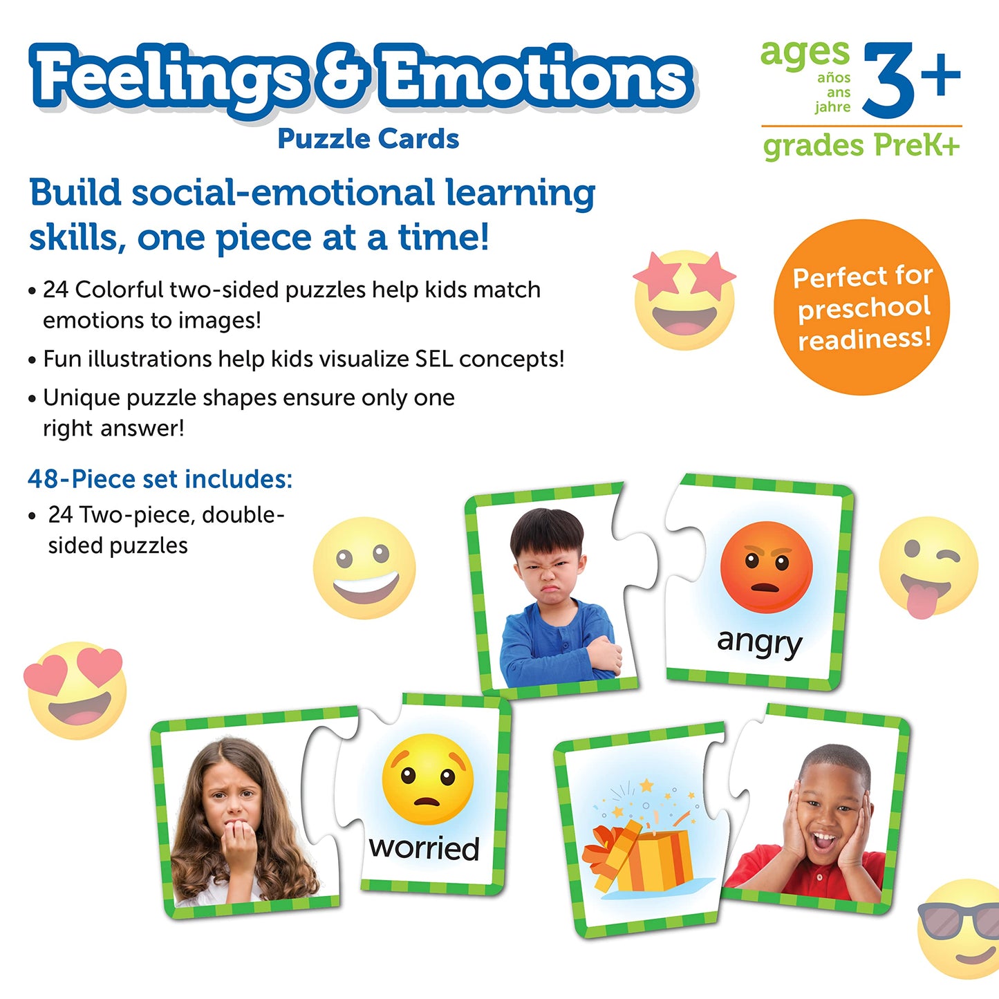 Learning Resources Feelings & Emotions Puzzle Cards - SEL, Emotional Regulation Tools for Kids, Toddlers Calming Corners, Montessori Essentials, Matching Games, Flash Cards, Homeschool, Preschool