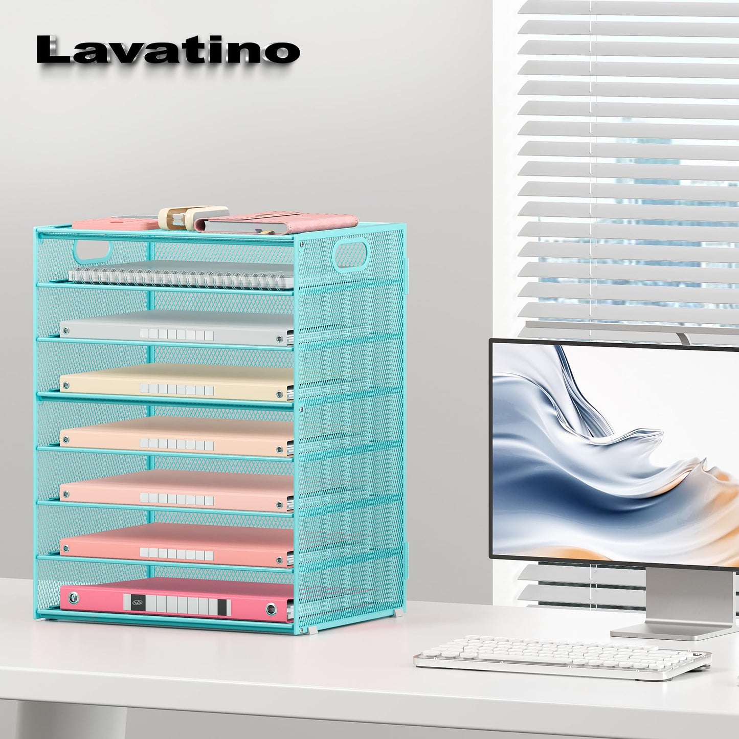Lavatino 2 Pack 8-Tier Office Desk File Organizer, Letter Tray Paper Organizer with Handle, Including 5 Adjustable Slide Trays for Organizing Desk Workspace Accessories and Supplies (Blue Metal Mesh)