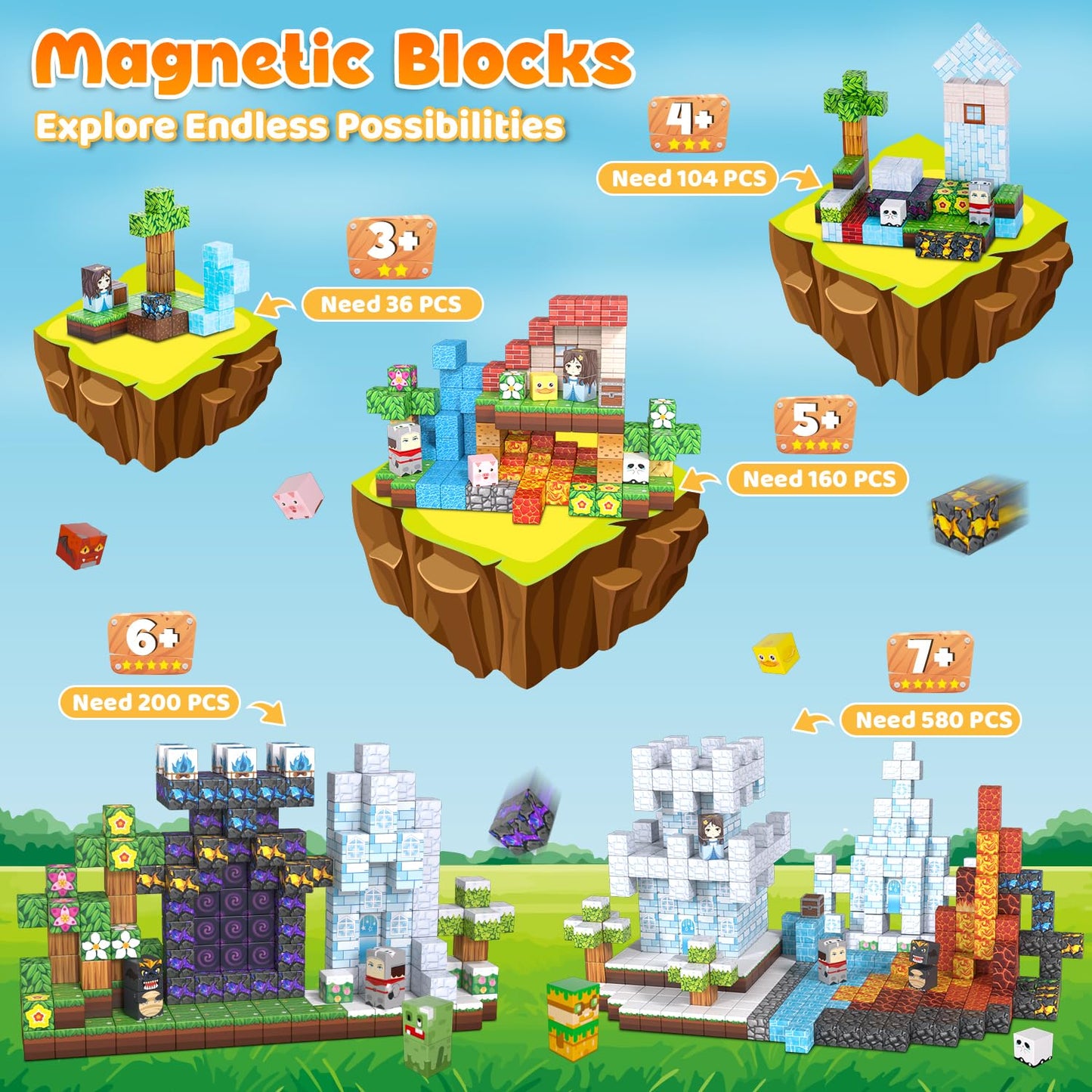 GleamJoy 200PCS Magnetic Blocks, Magnetic Building Block Cube Toys with Magnet Board for Kids, STEM Toys Gifts for Boy and Girls Age 3+ Years Old