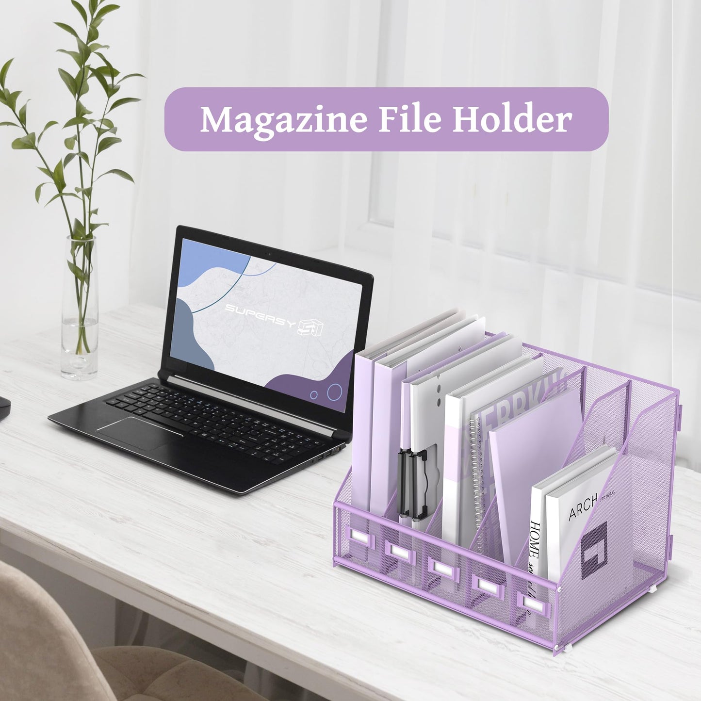 SUPEASY Desk Organizers Metal Desk Magazine File Holder with 5 Vertical Compartments Rack File Organizer for Office Desktop, Classroom, Home Workspace, Purple