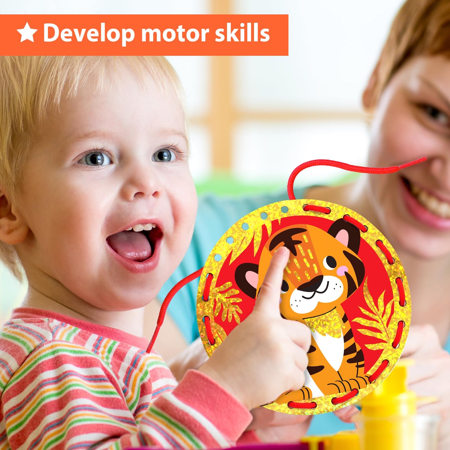 KRAFUN My First Lacing Cards for Boys & Girls Age 3+, 10 Holographic Space Animal Arts & Crafts Projects, Fine Motor Skills Toys with T-Rex Astronaut Rocket Tiger Elephant Dinosaur