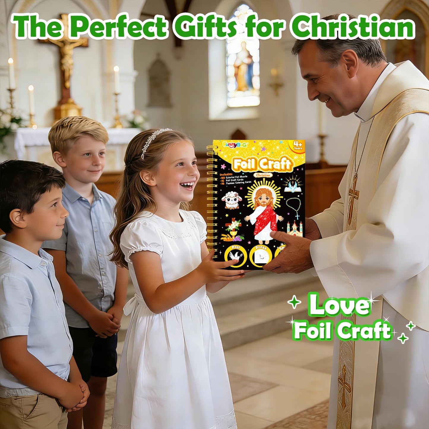 FUNNYB&G Foil Art Craft Kit for Kids 4-10 Years Old: Mess-Free & No-Glue, Create 16 Sparkly Christian Pictures – Perfect Travel Toy & Birthday Gift for Kids (Christian)
