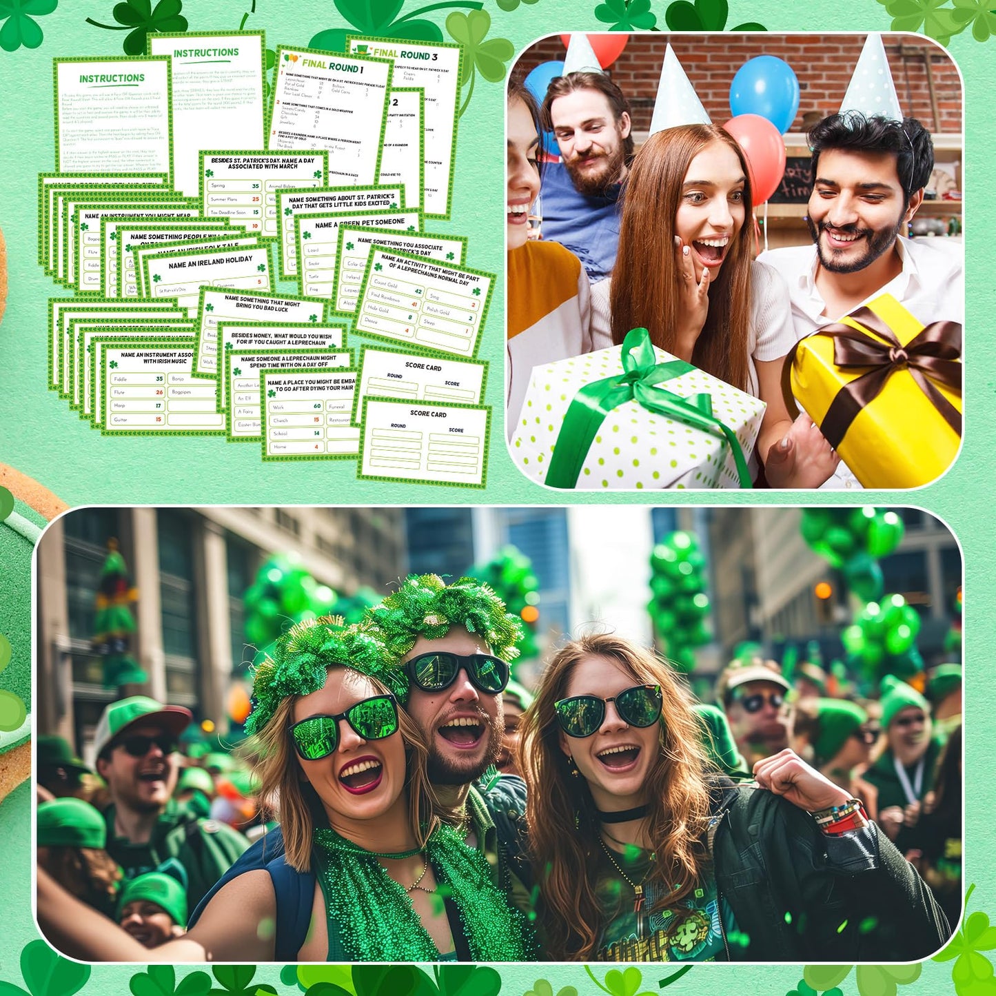 Soulchen 32 Pcs St. Patrick's Day Friendly Feud Game Set St. Patrick's Day Party Game Trivia Quiz 30 Card 2 Buzzer for Adults Family Irish Home Games Activities Party Supplies, Battery Not Included