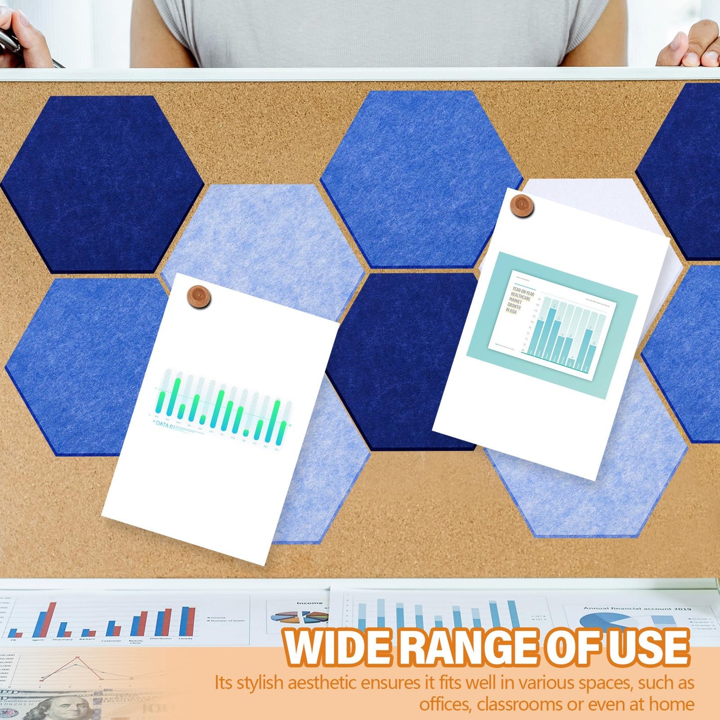 Mindsoft 16 Pcs Hexagon Cork Board for Walls with 50 Wooden Push Pins 6.7 x 5.9 in Felt DIY Tiles Notice with Nano Tape Hanging Bulletin Board for Home Photo Office Memo Note (Blue)