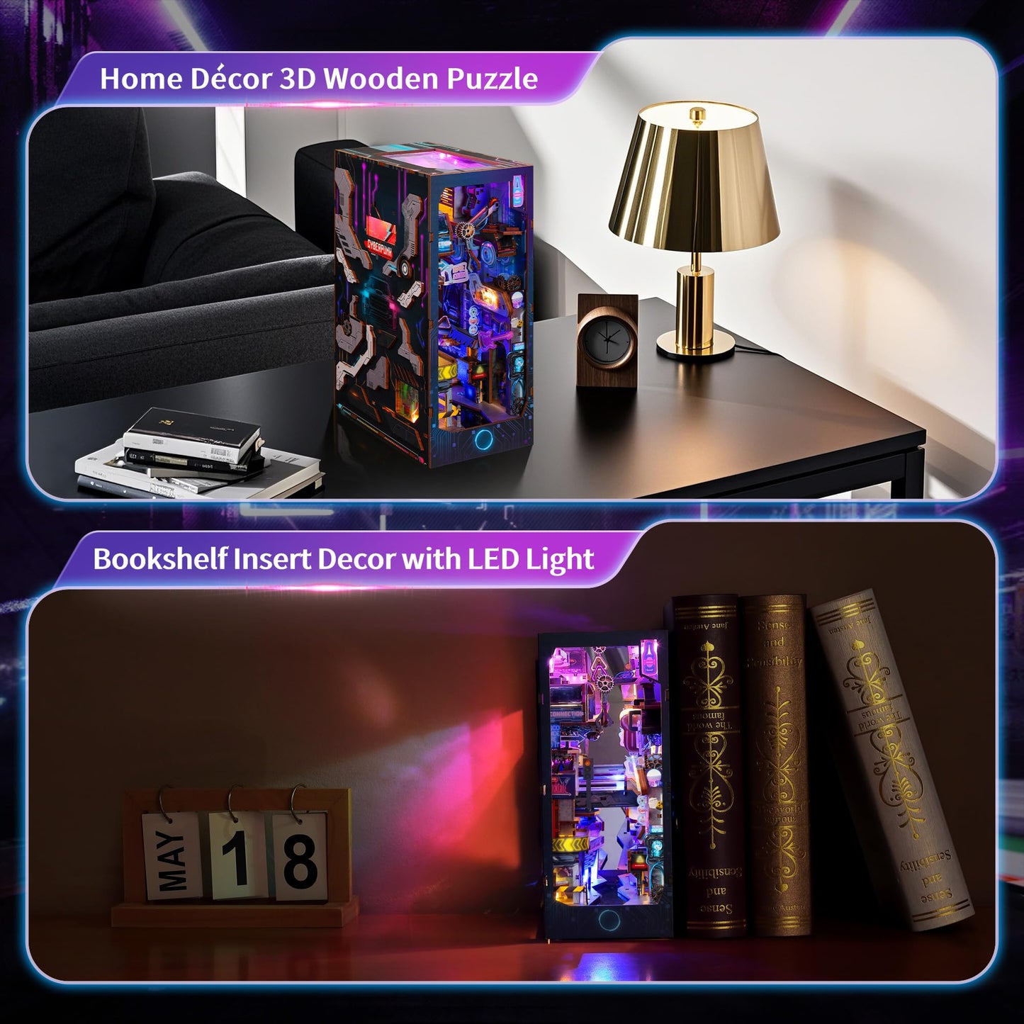 FUNPOLA 3D Wood Puzzle Book Nook Kit, Futuristic Miniature Bookshelf Insert with LED Lights, DIY Cyberpunk Bookend Décor for Display, Unique Craft for Adults and Teens (Endless Dimensions)