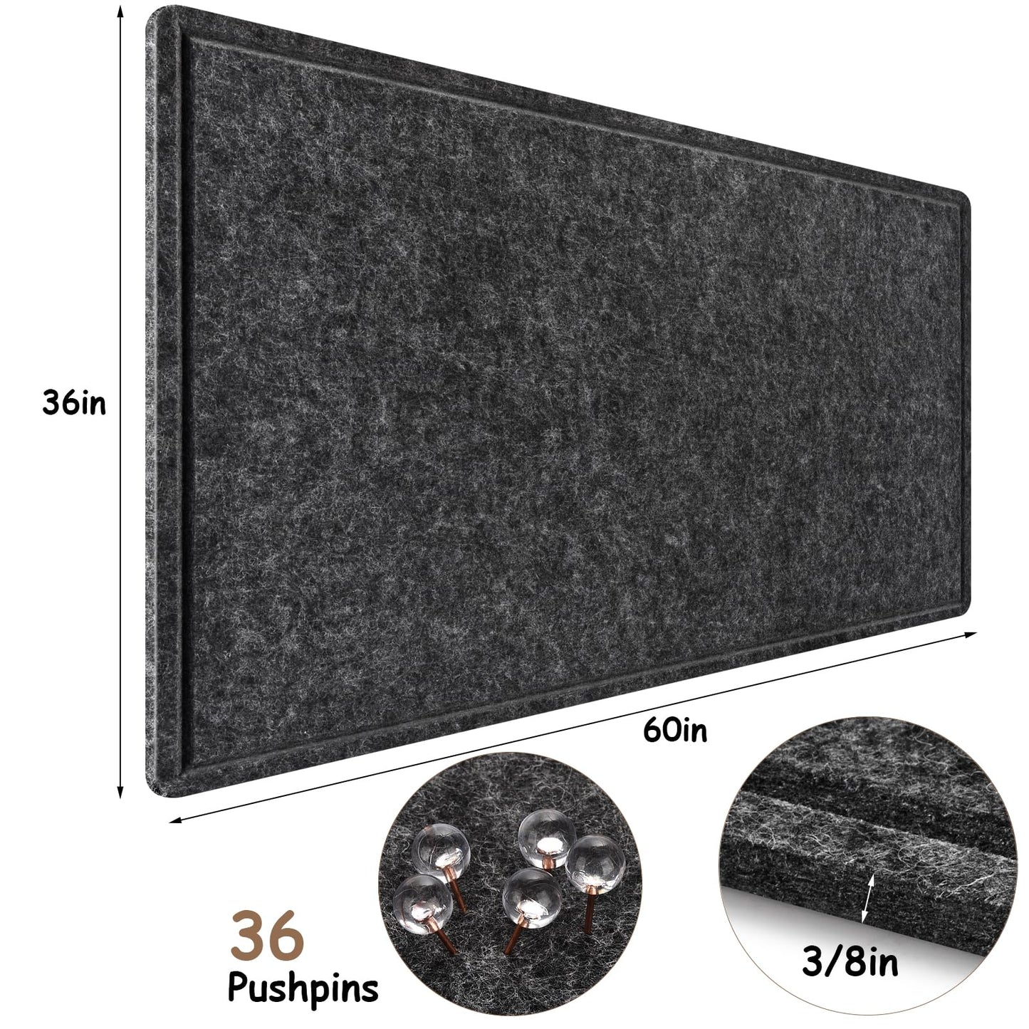 Large Bulletin Board, Foldable 60x36 Inches Cork Board Alternative, Large Felt Board Decorative Pin Board for Wall, Foldable Photo Board Self-Adhesive Vision Board with 36 Pushpins Dark Gray