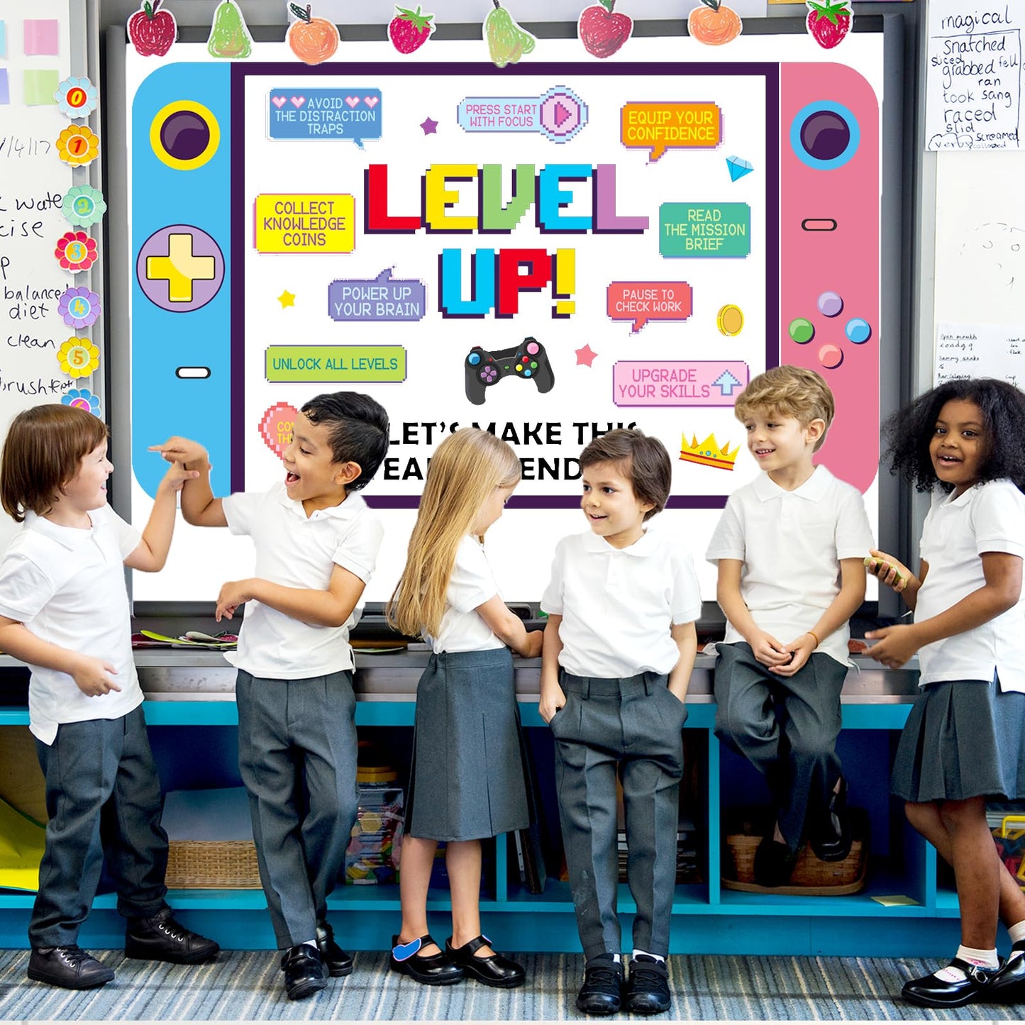Video Game Growth Mindset Bulletin Board Decorations Set with Borders Level up Motivational Cutouts Decor for Teachers Back to School Bulletin Board for Class School Classroom Chalkboard Wall Decor