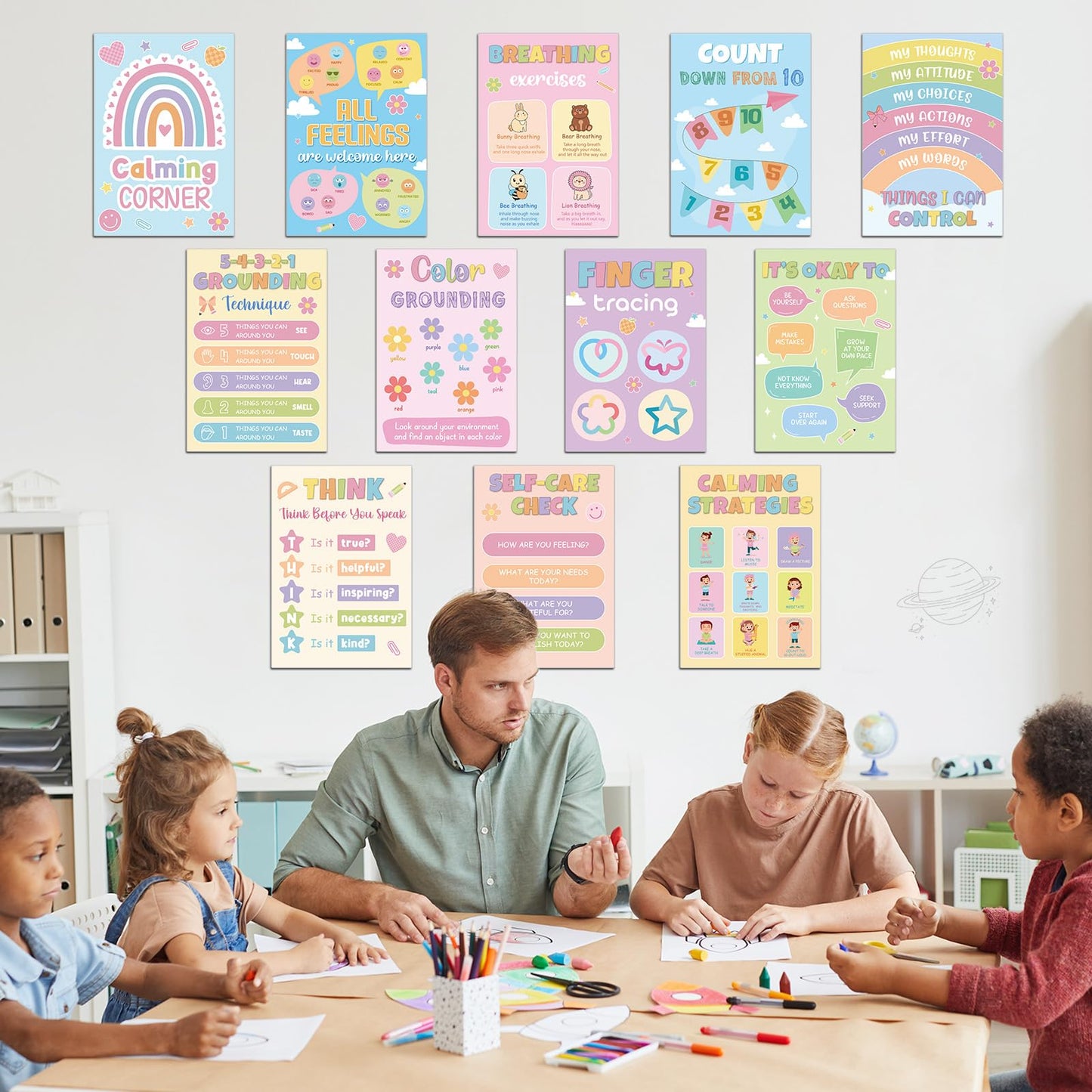 12Pcs Calming Corner Posters for Classroom Calm Down Pastel Emotions Feeling Poster for Kids Inspirational Back to School Wall Decor Motivational Mental Health Posters for Office Home Teacher Supplies