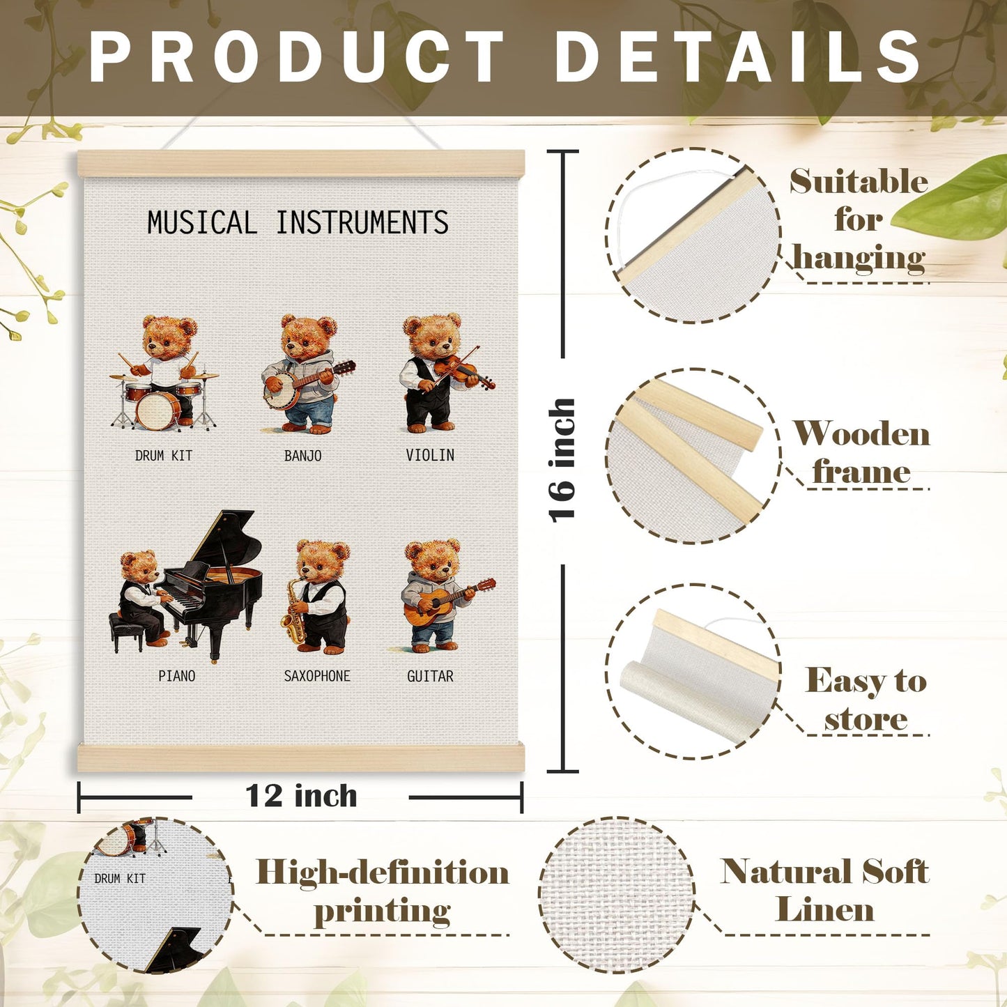 MOTERMATE Musical Bear Nursery Classroom Poster Hanger Frame, Musical Instruments Educational Wall Hanging Decor Art Framed for Kids Nursery Room, Music Educational Wall Poster Prints, 12x16 Inch