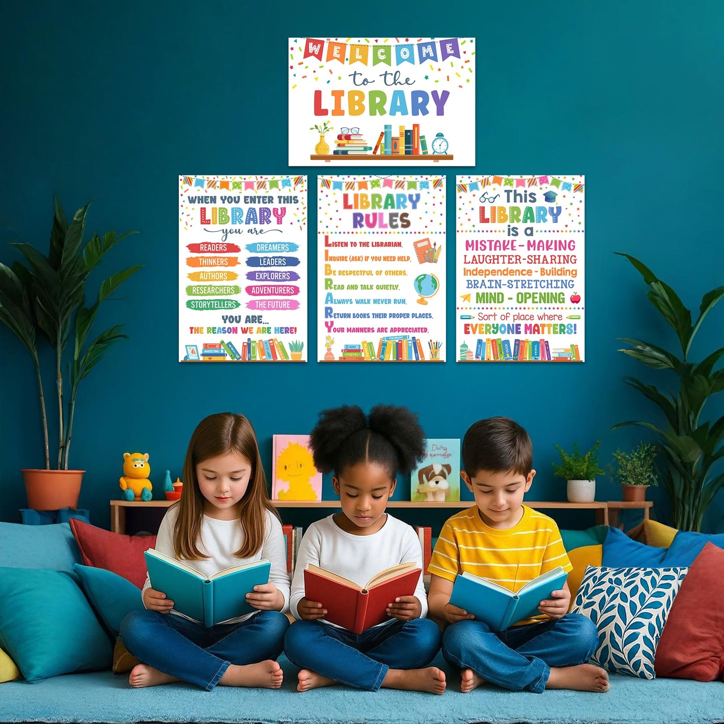 Lalunia 4 Pcs Library Rules Poster (11"x16") - Classroom Library Decorations for Librarian, Media Room, Back to School Educational Posters, Library Bulletin Board Sets, Reading Corner Decor