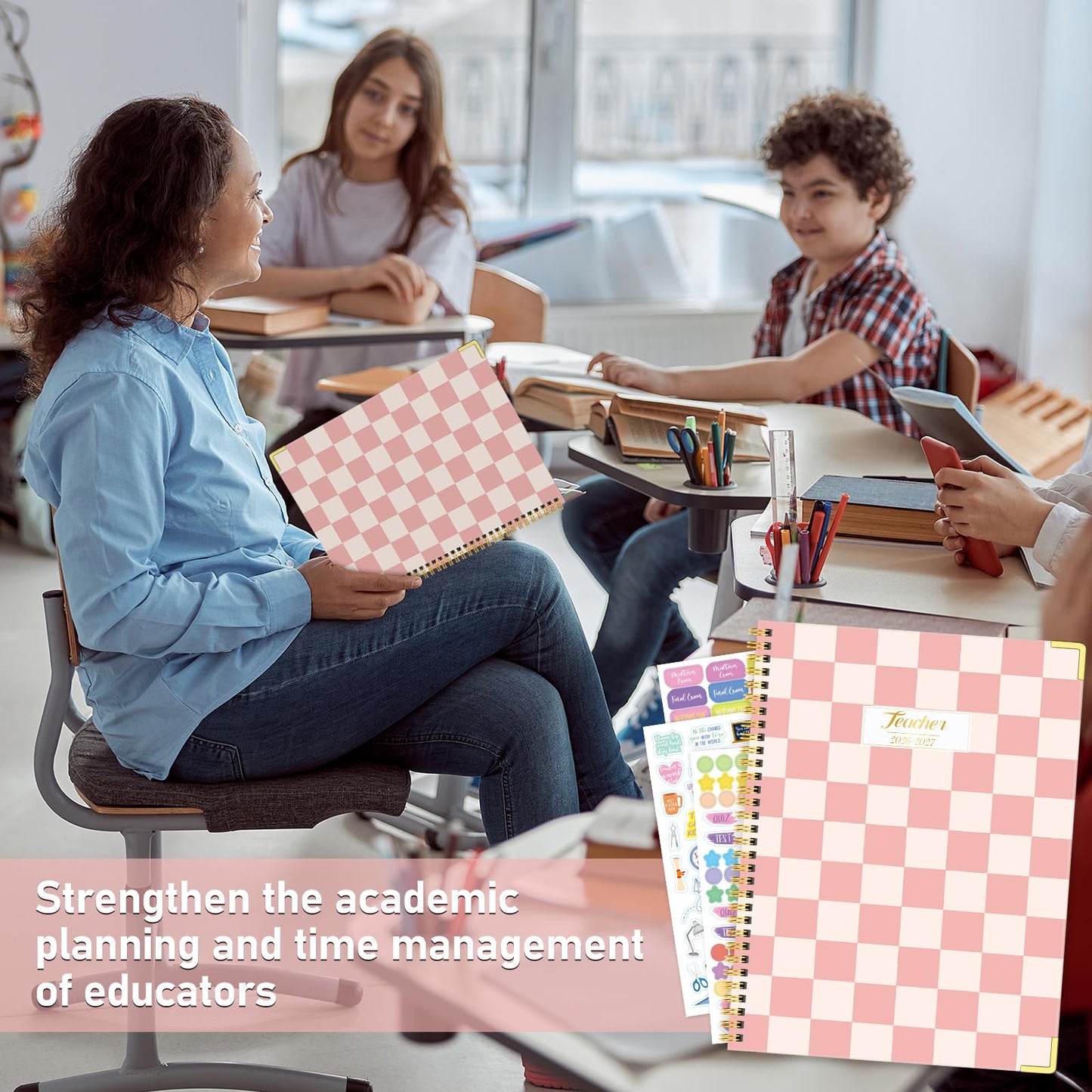 Teacher Planner 2026-2027, Jul 2026-Jun 2027 Academic Year, 8.5" x 11" Lesson Planner Book for Teacher Calendar, Spiral Bound Planners, Planning Stickers, Colorful Monthly Tabs, PinkCheckered