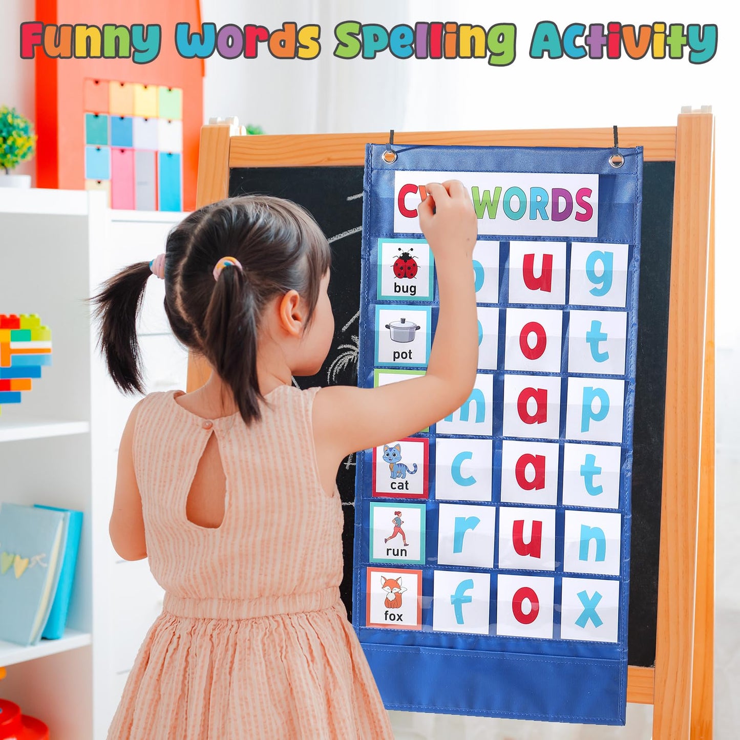 Pasimy CVC Word Pocket Chart with 65 Double-Sided Phonics Flash Cards Classroom CVC Word Literacy Games Preschool Kindergarten Classroom Must Haves for Learning Reading and Spelling(Blue)