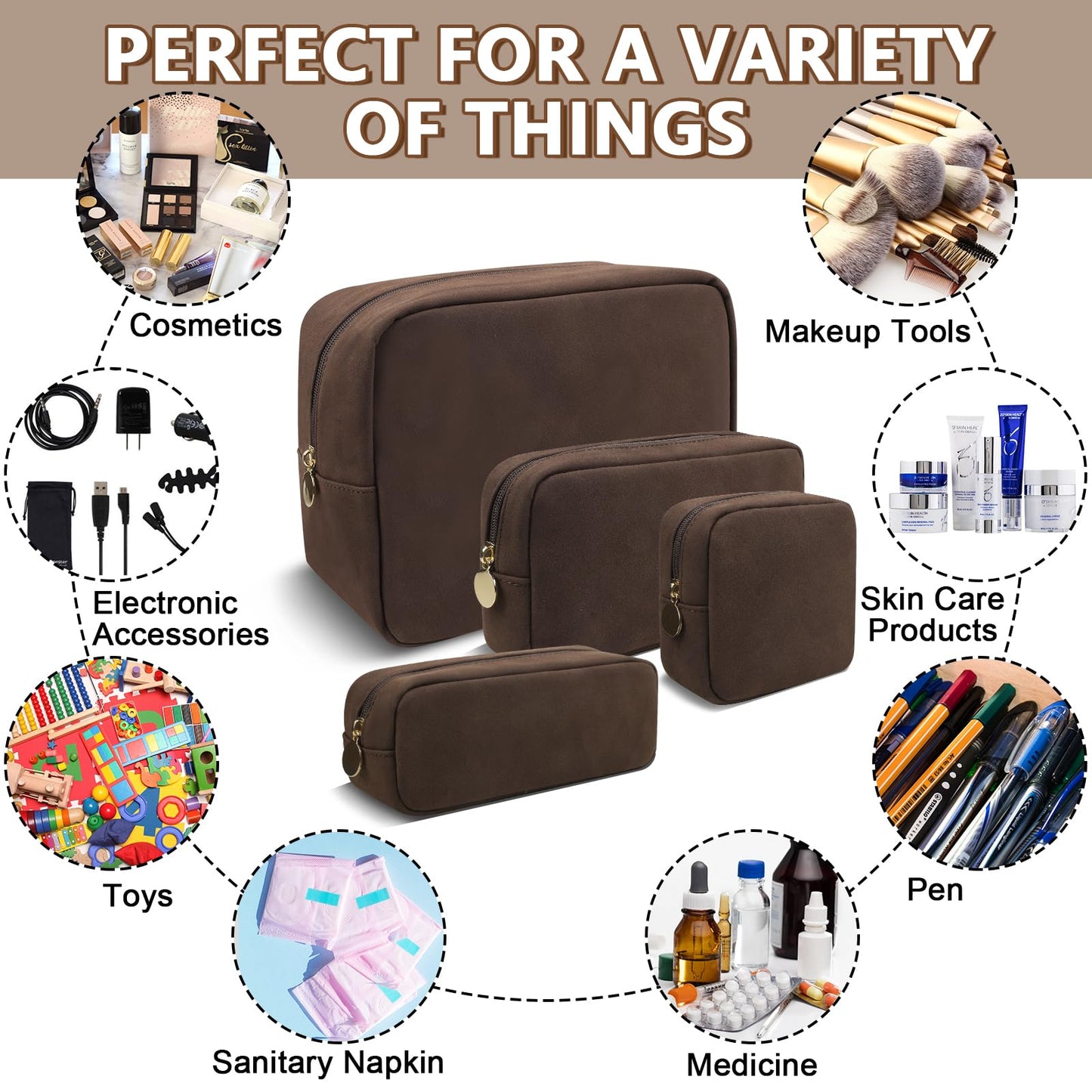 UIXIZQ Waterproof Small Makeup Bag for Purse,Cute Pouch Preppy Suede Makeup Brush Holder with Zipper,Girls Teens Portable Storage Case Small Travel Toiletry Bag for Office(Slim-Coffee)