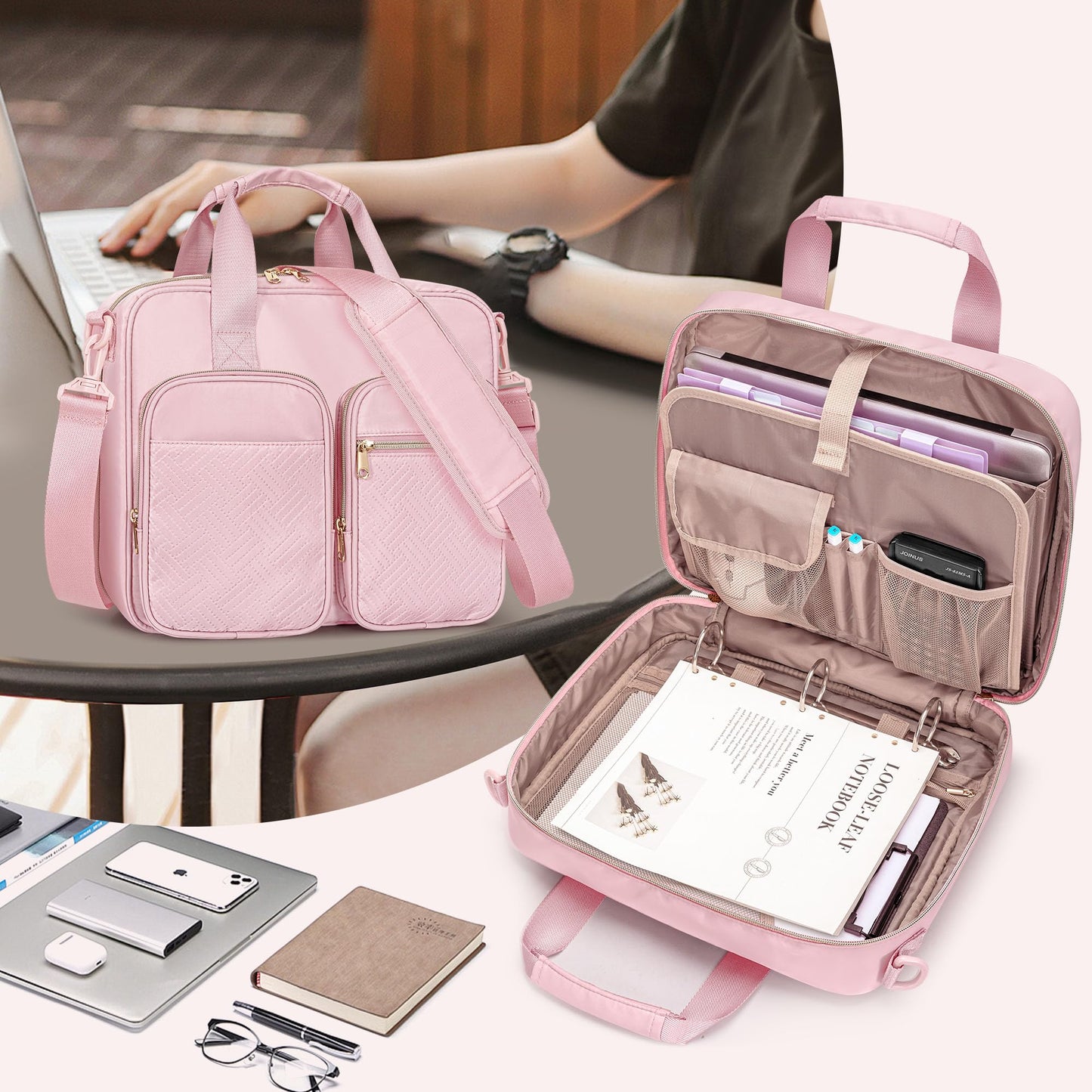 Prokva 3 Ring Zipper Binder, 2 Inch Ring Binder Organizer Bag with Shoulder Strap Fits 13 Inch Laptop and 500 Sheets, Pink (Empty Bag Only)