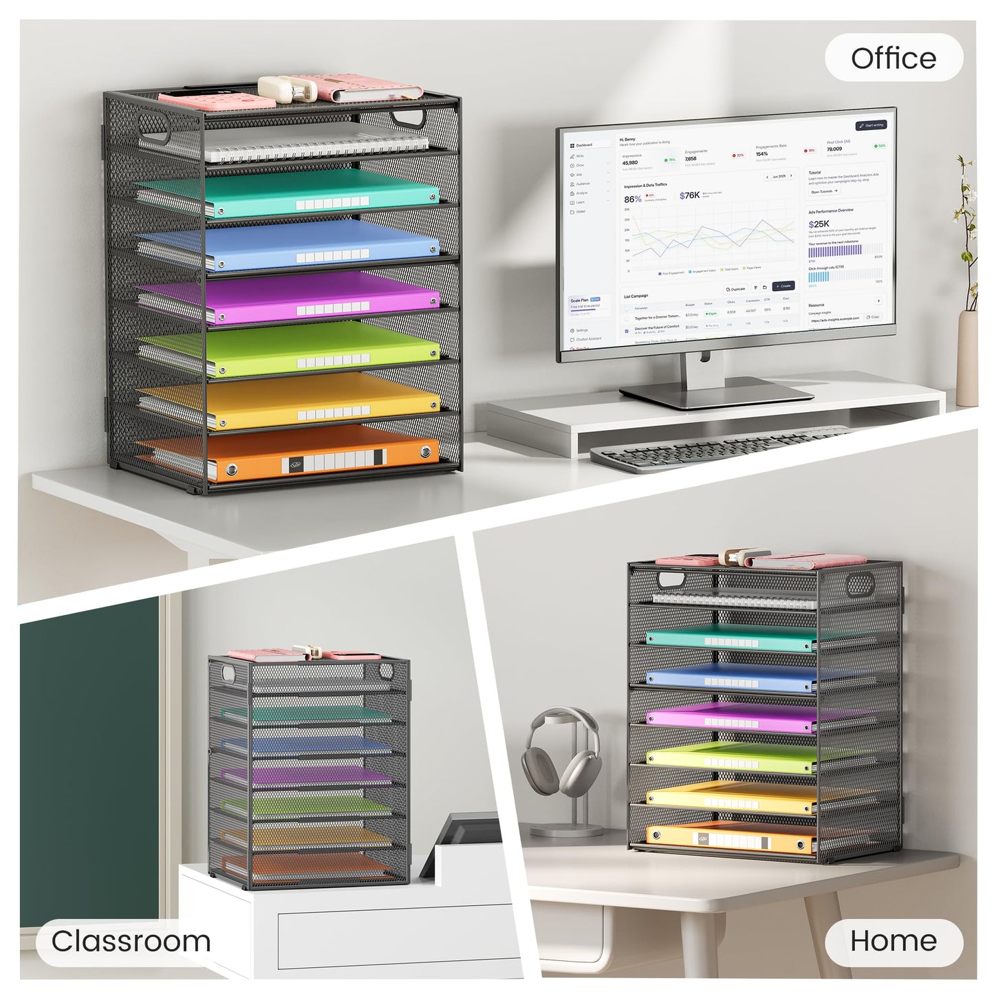 Lavatino 2 Pack 8-Tier Office Desk File Organizer, Letter Tray Paper Organizer with Handle, Including 5 Adjustable Slide Trays for Organizing Desk Workspace Accessories and Supplies (Grey Metal Mesh)