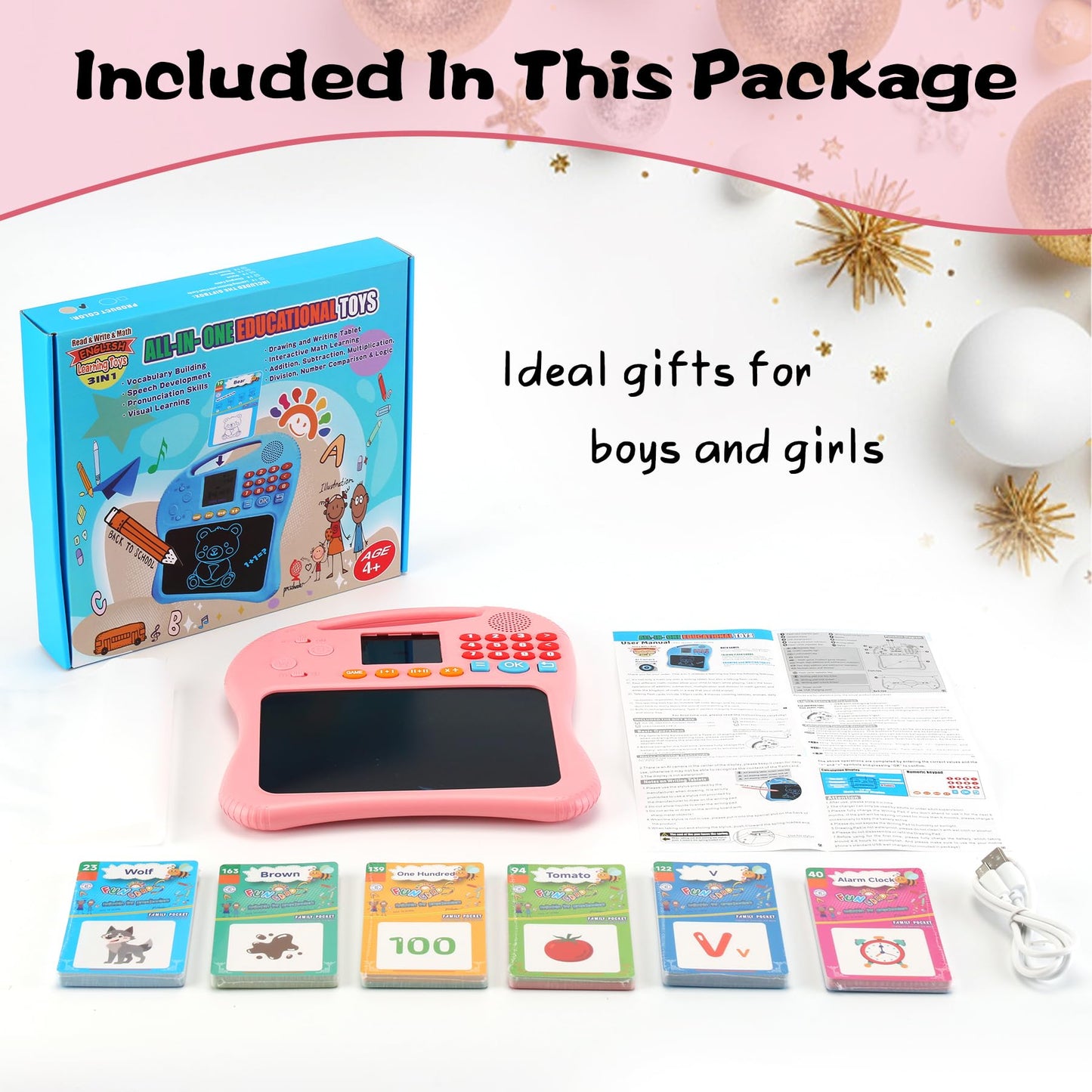 Kids Educational Learning Toys with Math Games,Talking Flash Cards and Writing Drawing Tablet, Speech Therapy Autism Sensory Toys Gifts for Toddler Preschool Activities Boys Girls Ages 3-10 (Pink)