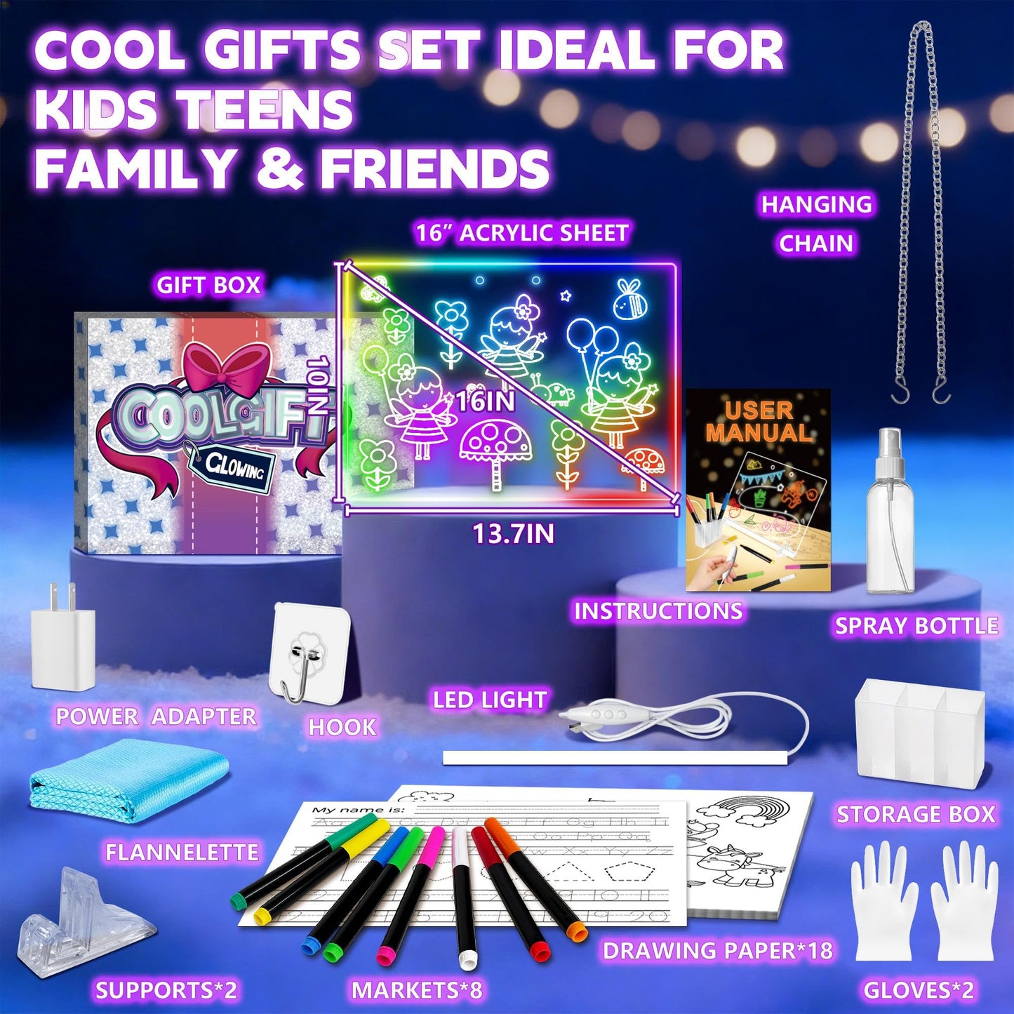 XoBathti 16" LED Drawing Board for Kids - Light Up LED Note Board with Colors & 18 Tracing Stencils, Birthday Gifts for Girls Ages 5-12, Glow Doodle Pad Art Set, 39PCS