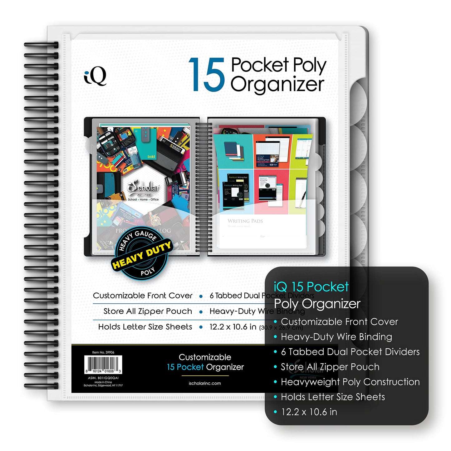 iScholar iQ+ 15 Pocket Organizer, 12.2 x 11 Inches, Tabbed Dividers, White (39906-WH)