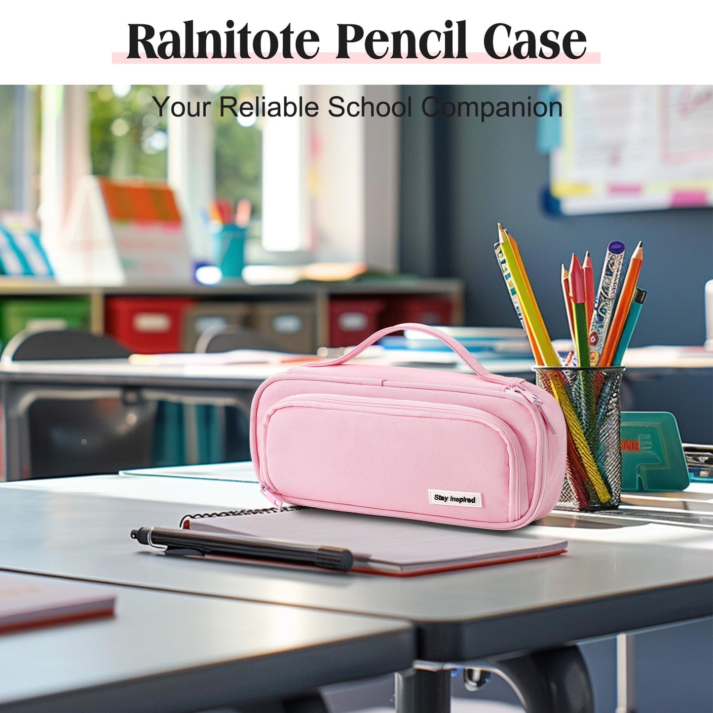 Ralnitote Large Pencil Case for Girls and Boys, Aesthetic Pencil Case Organizer with Handle, Cute Pencil Pouch for School & Office Supplies-Pink